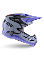 Alpinestars S-M3 Jettson Jugend-Helm, Motocross-Helm, Grau, Lila und Schwarz glänzend, Seitenprofil mit scharfen, kantigen Grafiken und 'Jettson Donuts'-Branding, aerodynamisches Schalendesign mit Belüftungsöffnungen und Alpinestars-Logo, hochleistungsfähige Offroad-Schutzausrüstung für Jugendliche