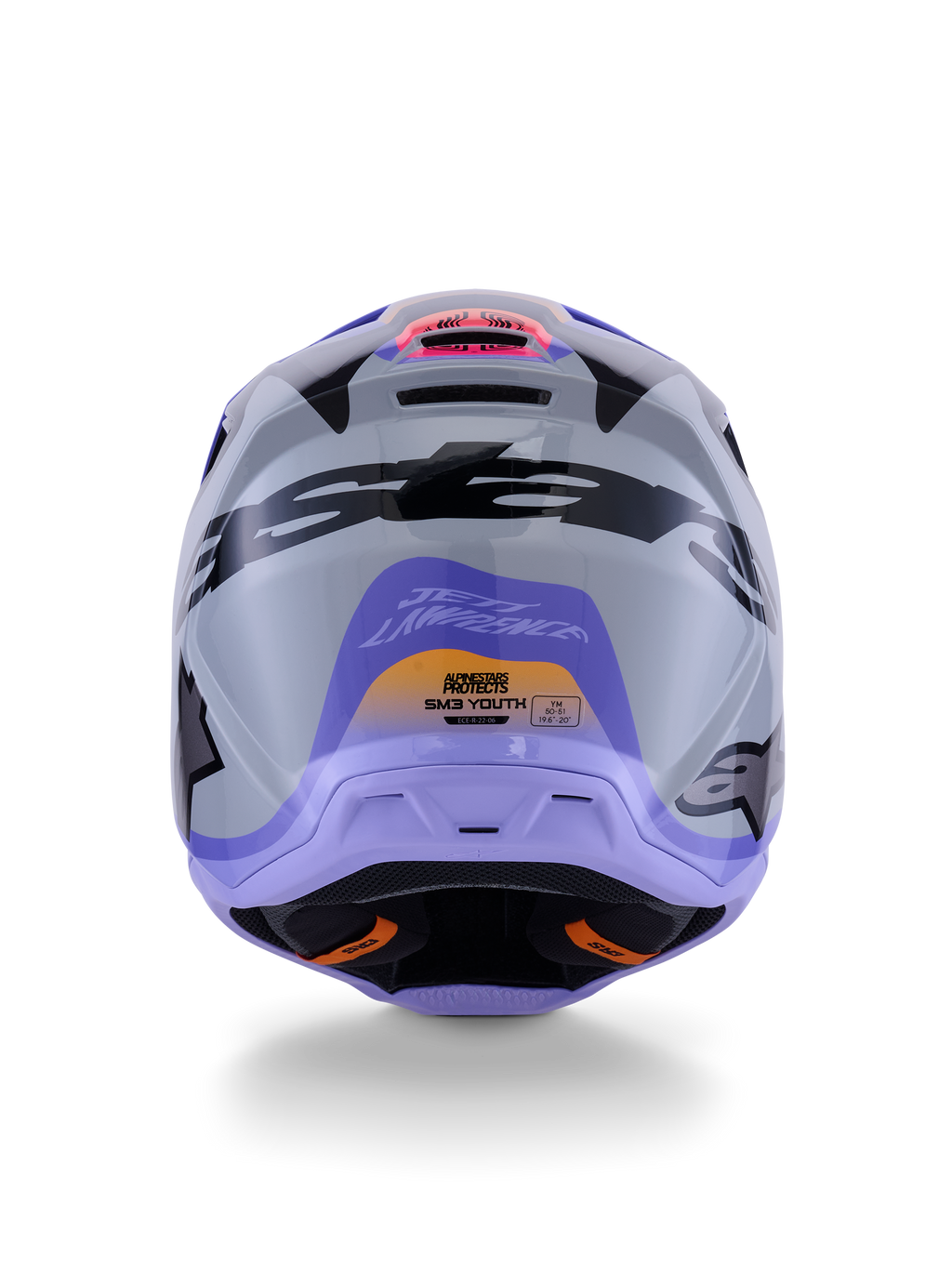 Alpinestars S-M3 Jettson Jugend-Helm ECE 22.06, Motocross-Helm, Rückansicht in Grau, Lila und Schwarz glänzend, mit Jett Lawrence Signatur-Grafik, markantem schwarzen Branding und Belüftungsöffnungen, glänzendes Finish für den Offroad-Rennsport