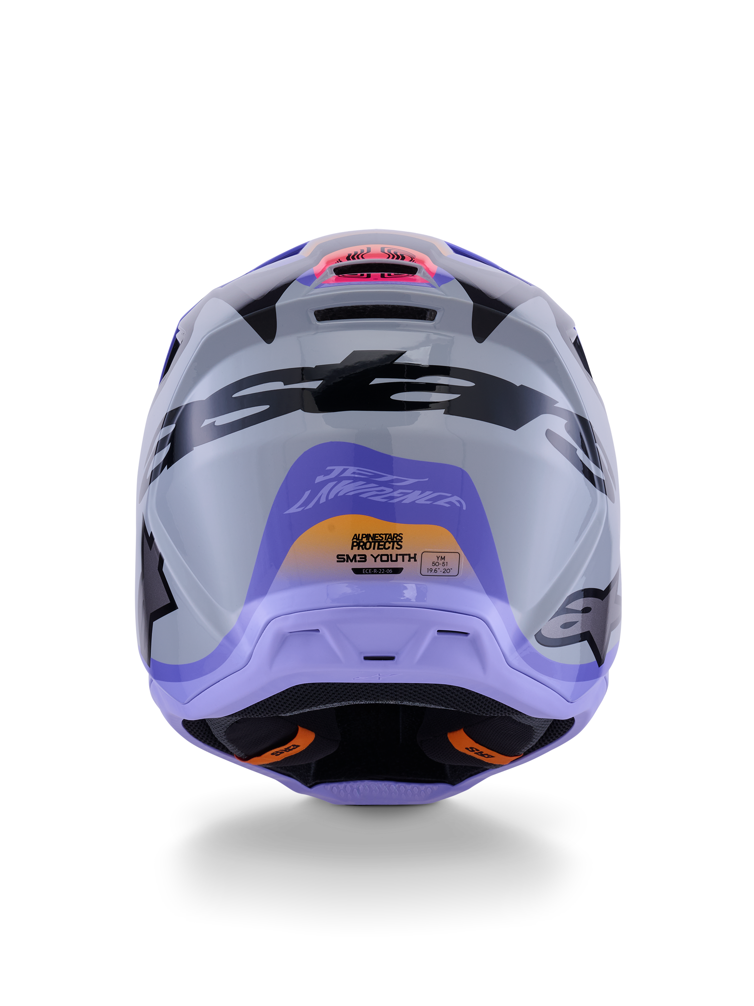 Alpinestars S-M3 Jettson Youth Helmet, Rear View, Gray with Purple and Black Glossy Graphics, featuring Jett Lawrence signature design and Alpinestars logos, off-road motocross helmet