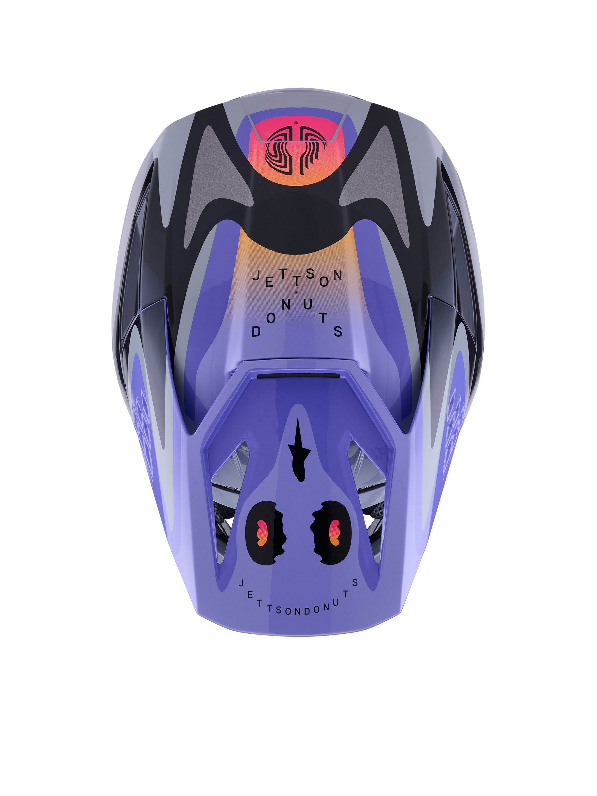 Alpinestars S-M3 Jettson Helmet, Motocross Helmet, Gray Purple Black Glossy with orange and pink gradients, top-down view featuring 'Jettson Donuts' graphics and Alpinestars logo on the visor, glossy finish.