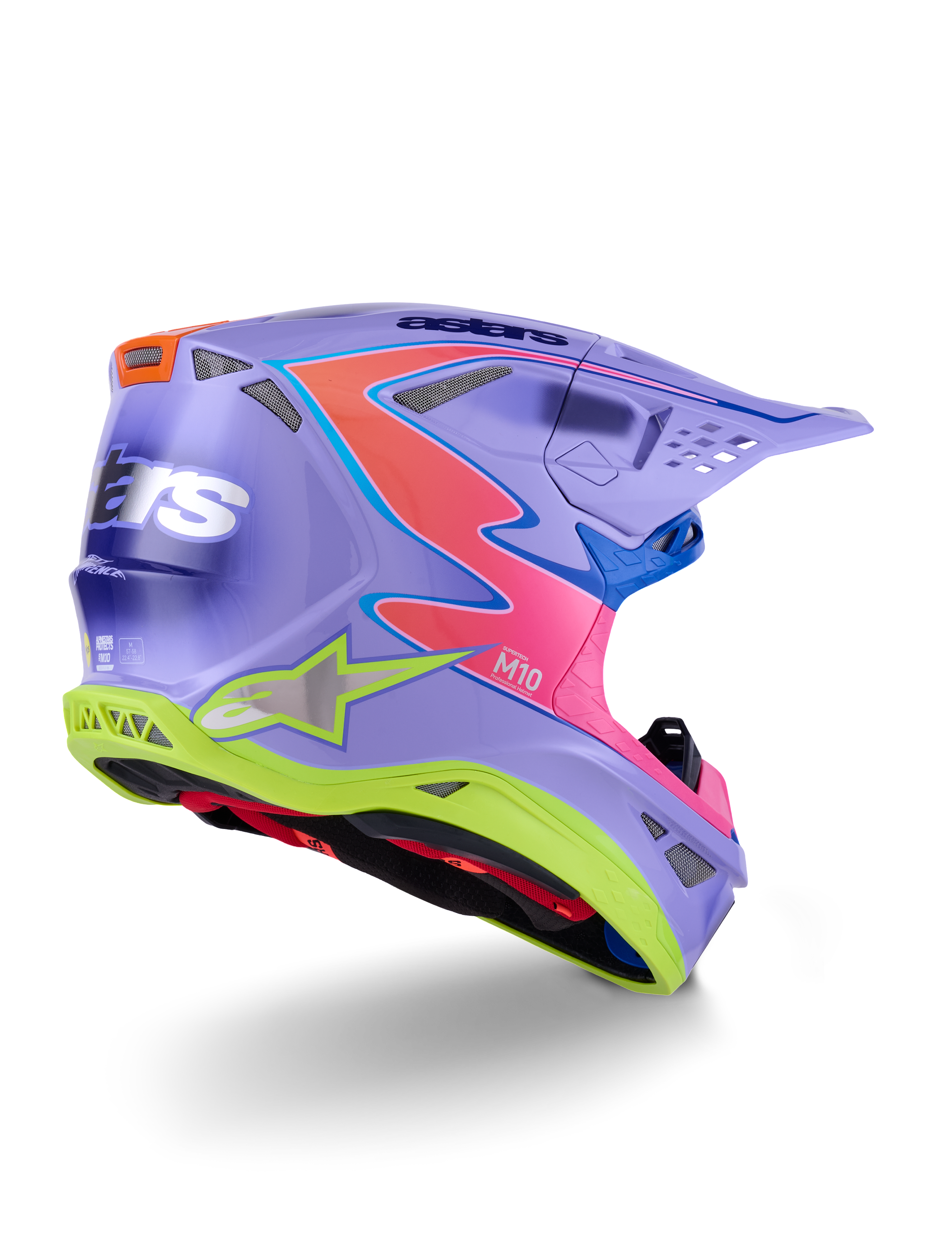 Alpinestars Supertech M10 Jett Lawrence R01 Helmet, Motocross Helmet, Purple with Pink and Fluorescent Yellow accents, bold graphic design with Alpinestars branding, aerodynamic shell featuring ventilation ports and a protective visor.