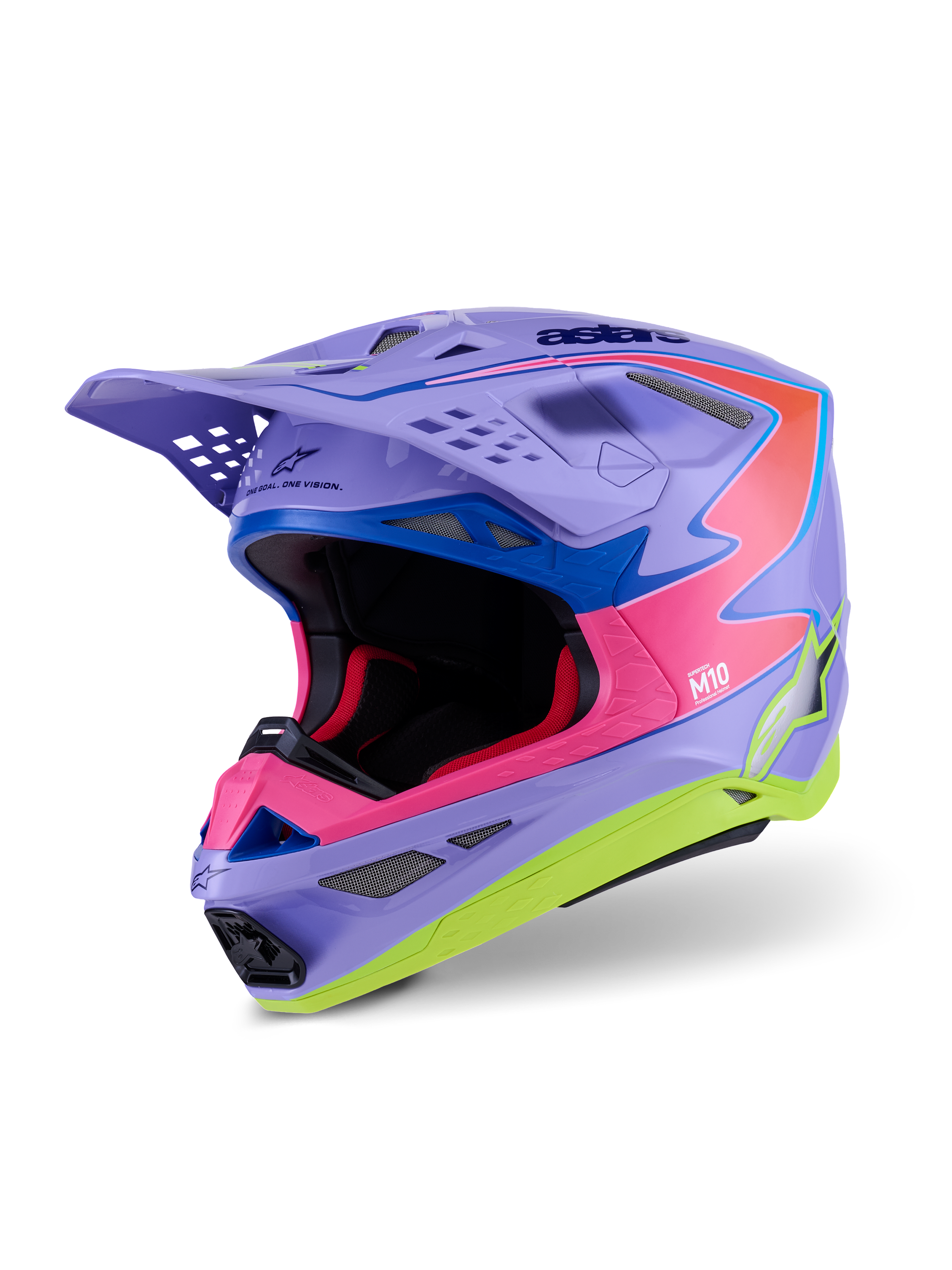 Alpinestars Supertech M10 Jett Lawrence R01 Helmet, Motocross Helmet, Purple Pink and Fluorescent Yellow Gloss, aerodynamic design with multi-composite carbon shell, multiple ventilation ports, and vibrant racing graphics for off-road performance