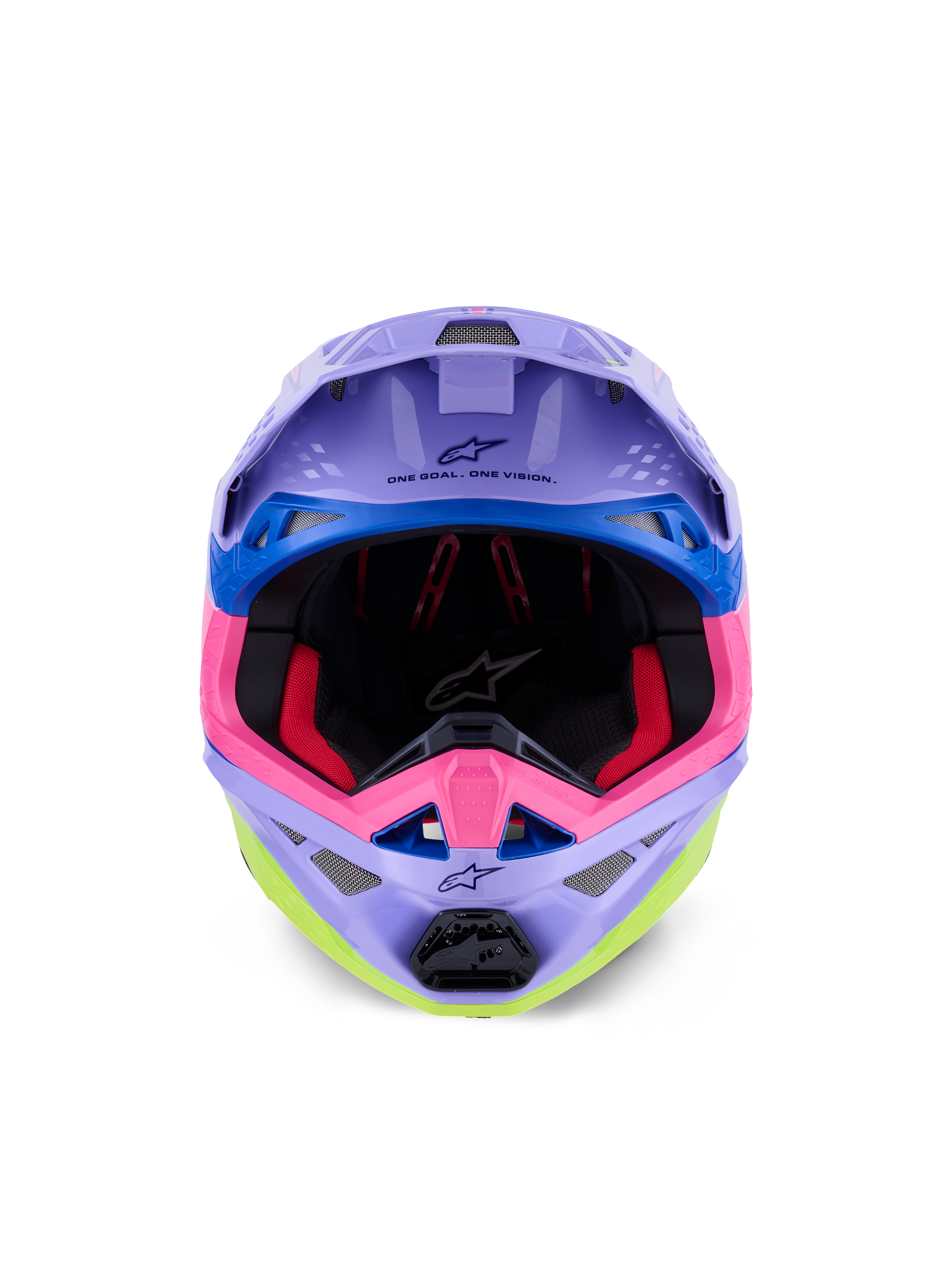 Alpinestars Supertech M10 Jett Lawrence R01 Helmet, Motocross Helmet, Purple Pink and Fluo Yellow Gloss, front-facing view showing interior padding and chin bar, 'ONE GOAL. ONE VISION.' printed under the visor, colorful racing graphics with blue accents