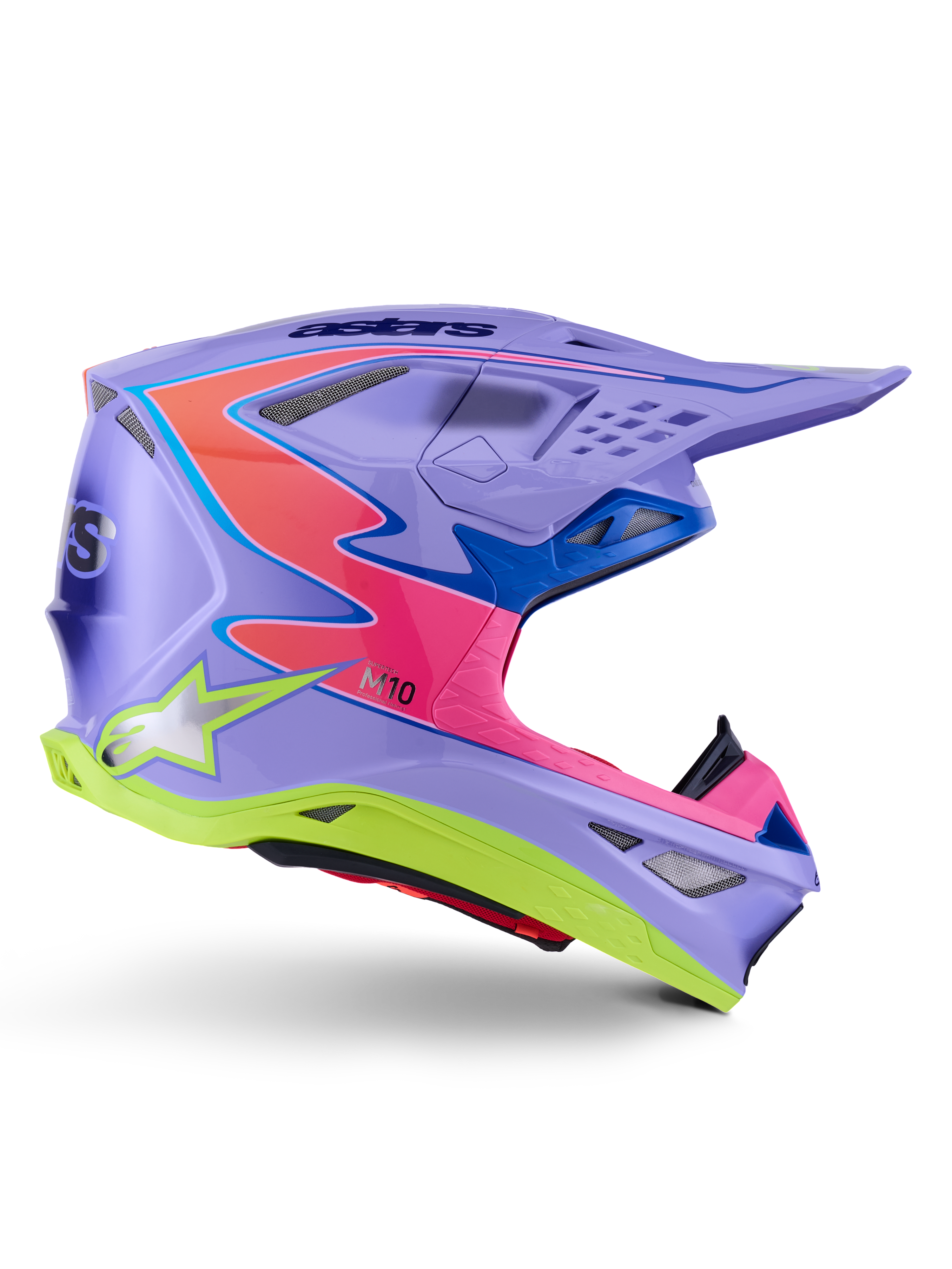 Alpinestars Supertech M10 Jett Lawrence R01 Helm, Motocross-Helm, Lila mit pinkfarbenen und fluoreszierend gelben Akzenten, Seitenprofil mit aerodynamischer Carbon-Schale, mehrere Belüftungsöffnungen und markantes Alpinestars-Branding für Offroad-Performance