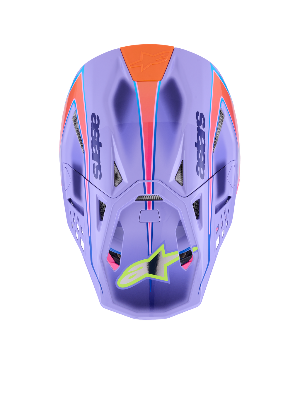 Alpinestars Supertech M10 Jett Lawrence R01 Helmet, Motocross Helmet, Purple with Pink and Orange graphics, top-down view showing ventilation ports and aerodynamic shell, neon yellow star logo on the visor, advanced carbon fiber construction for off-road racing
