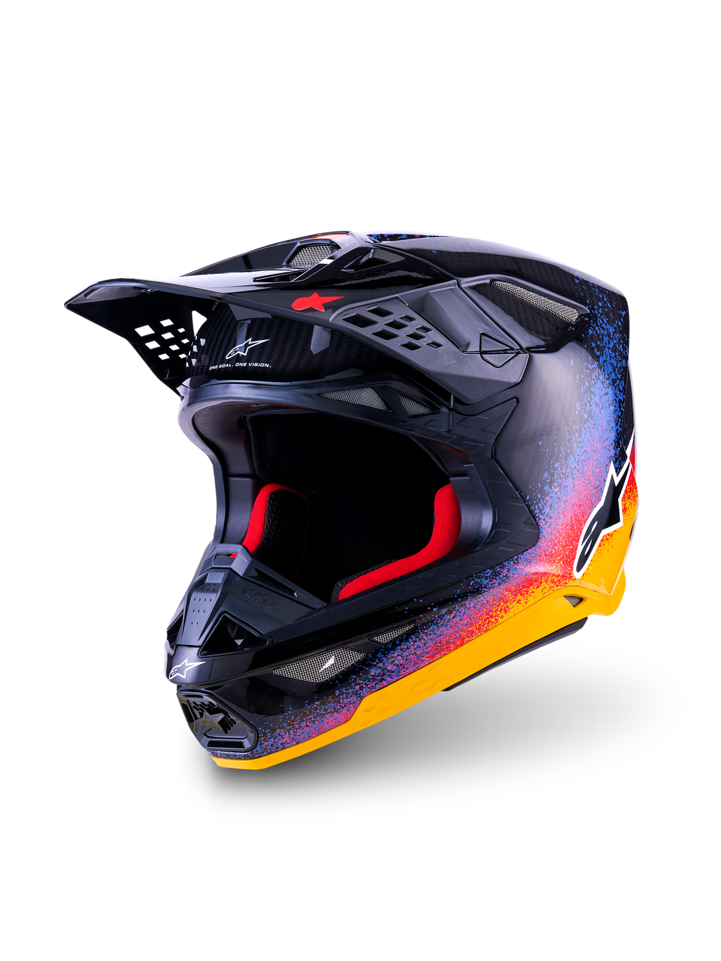 Alpinestars Limited Edition Supertech M10 Black Hole Helm, Motocross-Helm, Black Burst Glänzend mit leuchtend gelbem, orangefarbenem und blauem Farbspritzer-Muster, sichtbare Kohlefaser am Visier, rote Innenpolsterung, markantes Alpinestars-Branding, professionelle Offroad-Schutzausrüstung