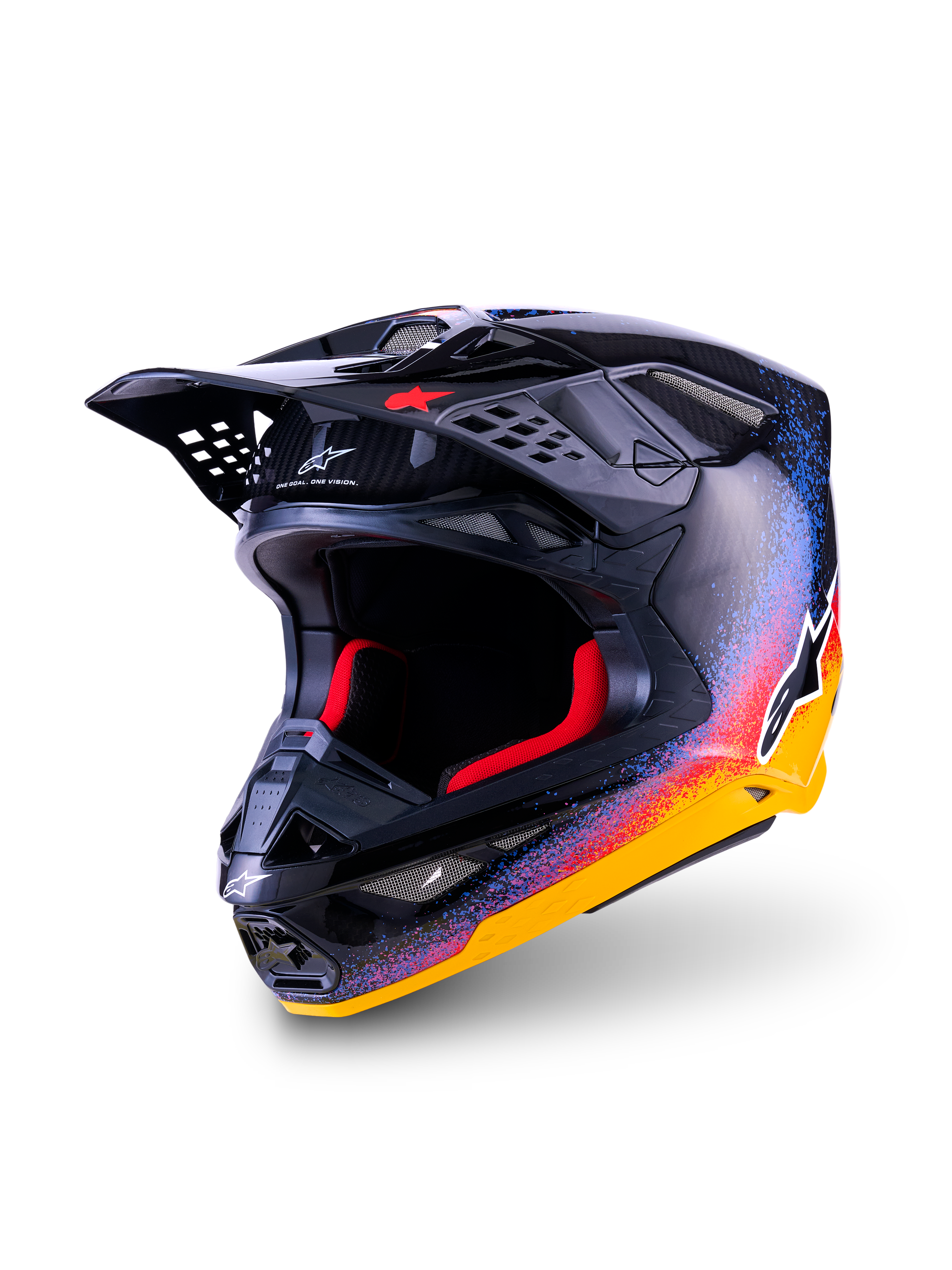 Alpinestars Limited Edition Supertech M10 Black Hole Helm, Motocross-Helm, Black Burst Glänzend mit leuchtend gelbem, orangefarbenem und blauem Farbspritzer-Muster, sichtbare Kohlefaser am Visier, rote Innenpolsterung, markantes Alpinestars-Branding, professionelle Offroad-Schutzausrüstung