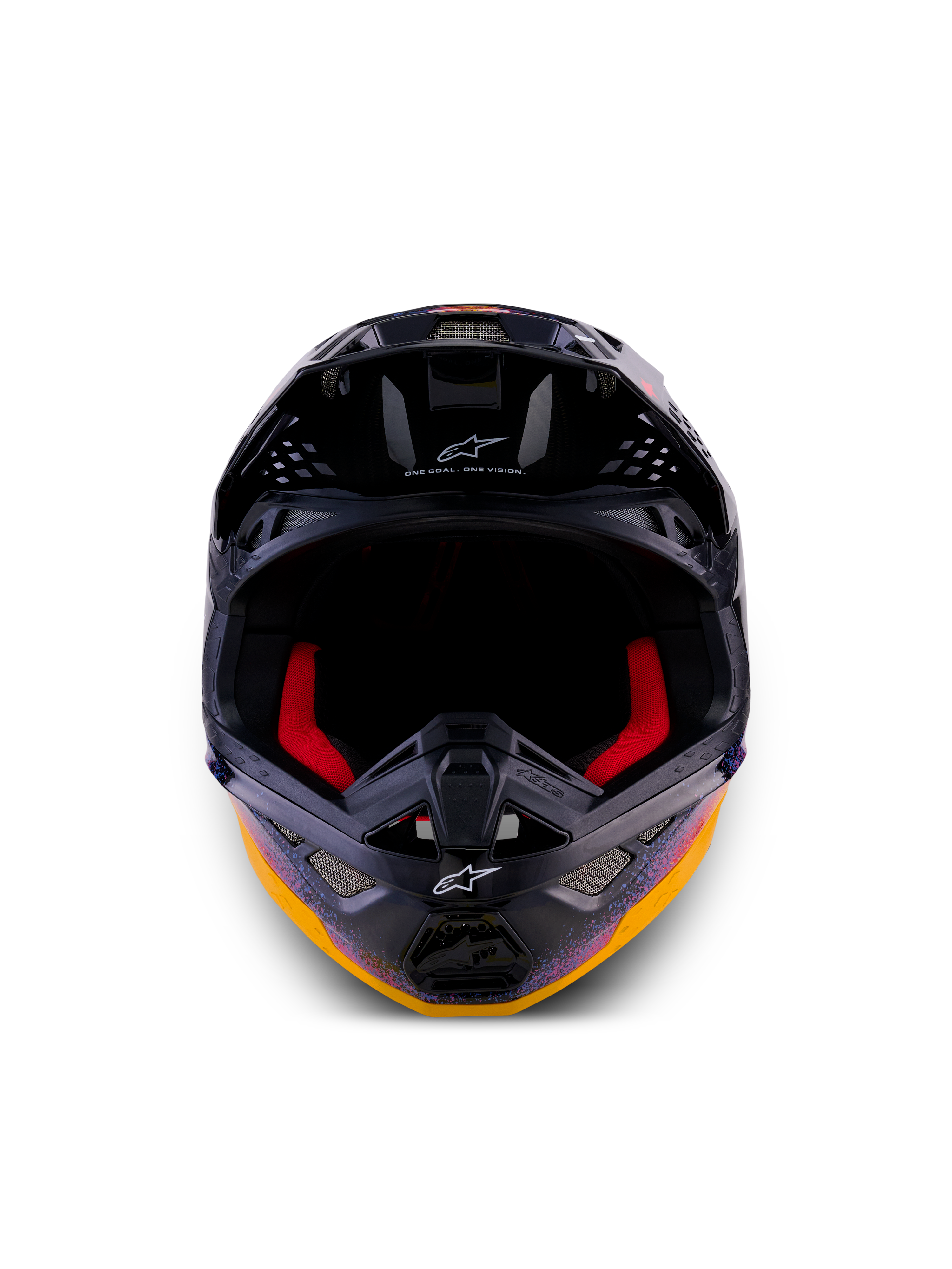 Alpinestars Limited Edition Supertech M10 Black Hole Helm, Motocross-Helm, Black Burst Glossy mit leuchtenden orangefarbenen und lila galaktischen Grafiken, Frontansicht mit roter Innenpolsterung und Belüftungsöffnungen