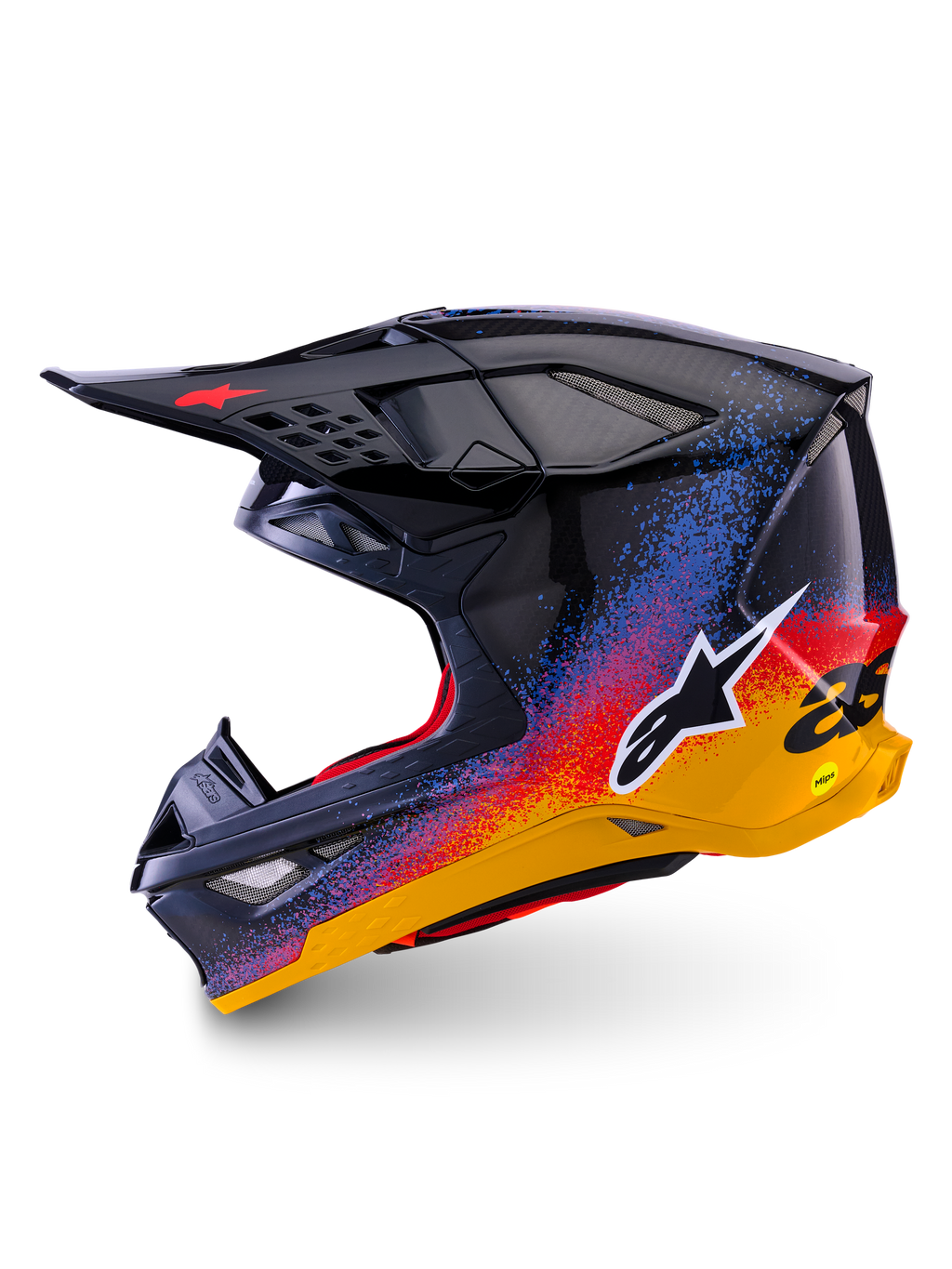 Alpinestars Limited Edition Supertech M10 Black Hole Helm, Motocross-Helm, glänzendes Black Burst Finish mit lebhaftem blauem, rotem und gelbem Farbverlauf-Splatter, Seitenprofilansicht mit weißem Astars-Logo und Carbonfaser-Schalenstruktur.