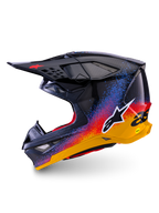 Alpinestars Limited Edition Supertech M10 Black Hole Helm, Motocross-Helm, glänzendes Black Burst Finish mit lebhaftem blauem, rotem und gelbem Farbverlauf-Splatter, Seitenprofilansicht mit weißem Astars-Logo und Carbonfaser-Schalenstruktur.