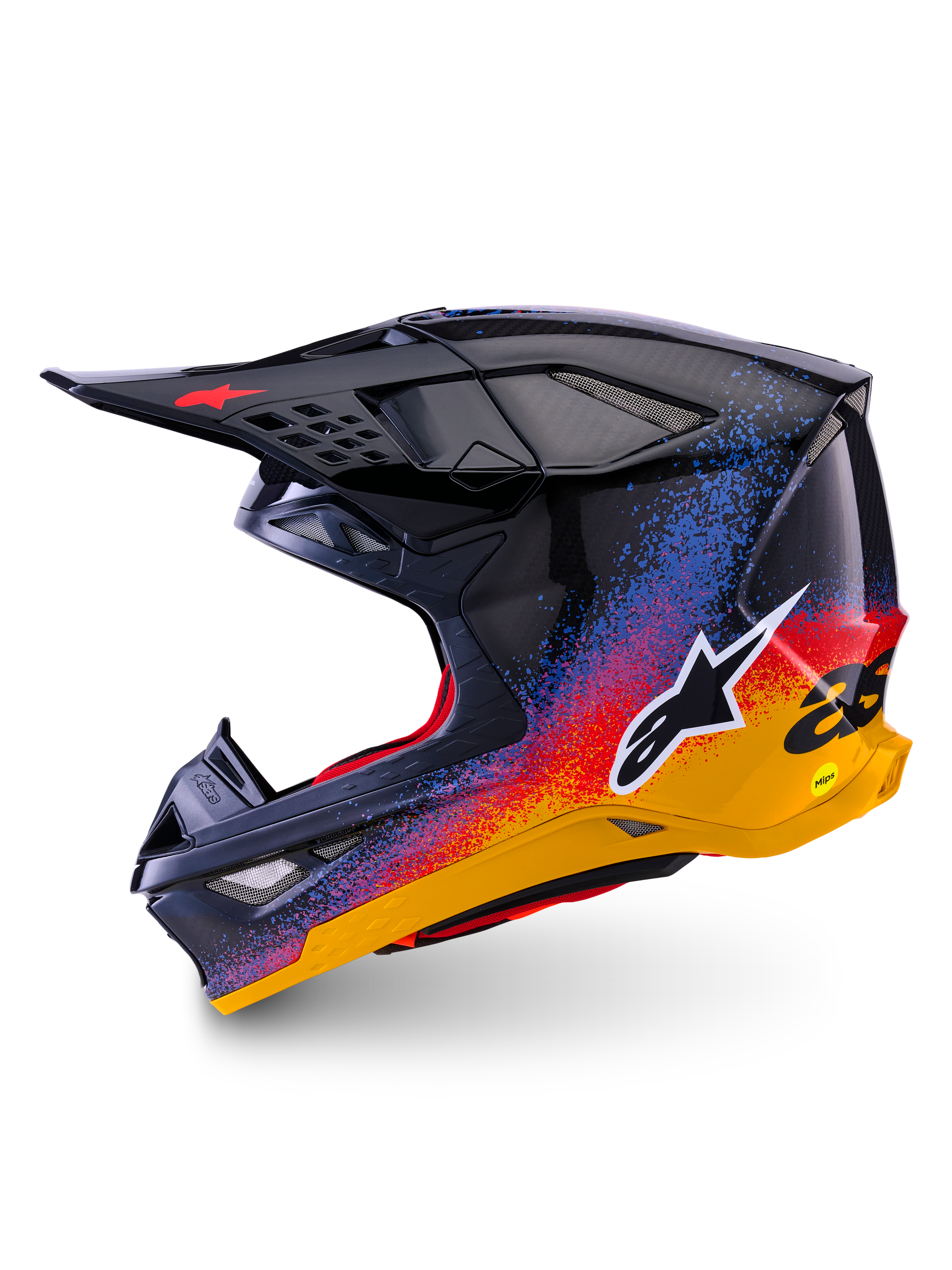 Alpinestars Limited Edition Supertech M10 Black Hole Helm, Motocross-Helm, glänzendes Black Burst Finish mit lebhaftem blauem, rotem und gelbem Farbverlauf-Splatter, Seitenprofilansicht mit weißem Astars-Logo und Carbonfaser-Schalenstruktur.