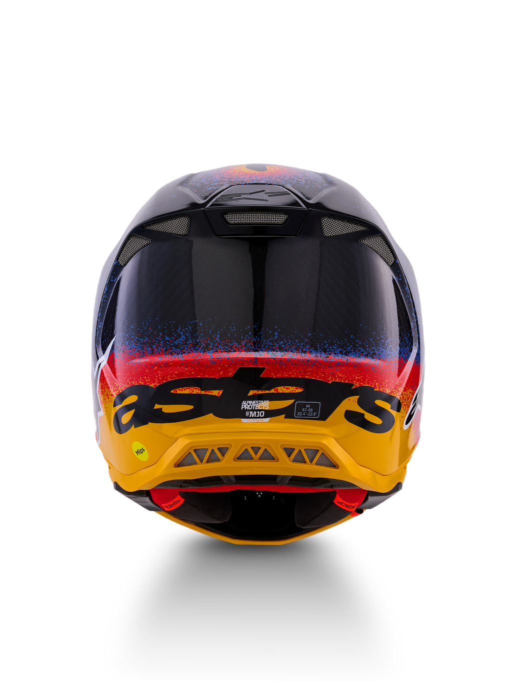 Alpinestars Limited Edition Supertech M10 Black Hole Helm, Motocross-Helm, Rückansicht, glänzendes Black Burst Finish mit blauen und roten Farbspritzern auf leuchtend gelber Basis, schwarzes „astars“-Branding, sichtbare Auslassöffnungen für optimierten Luftstrom.