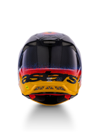Alpinestars Limited Edition Supertech M10 Black Hole Helm, Motocross-Helm, Rückansicht, glänzendes Black Burst Finish mit blauen und roten Farbspritzern auf leuchtend gelber Basis, schwarzes „astars“-Branding, sichtbare Auslassöffnungen für optimierten Luftstrom.