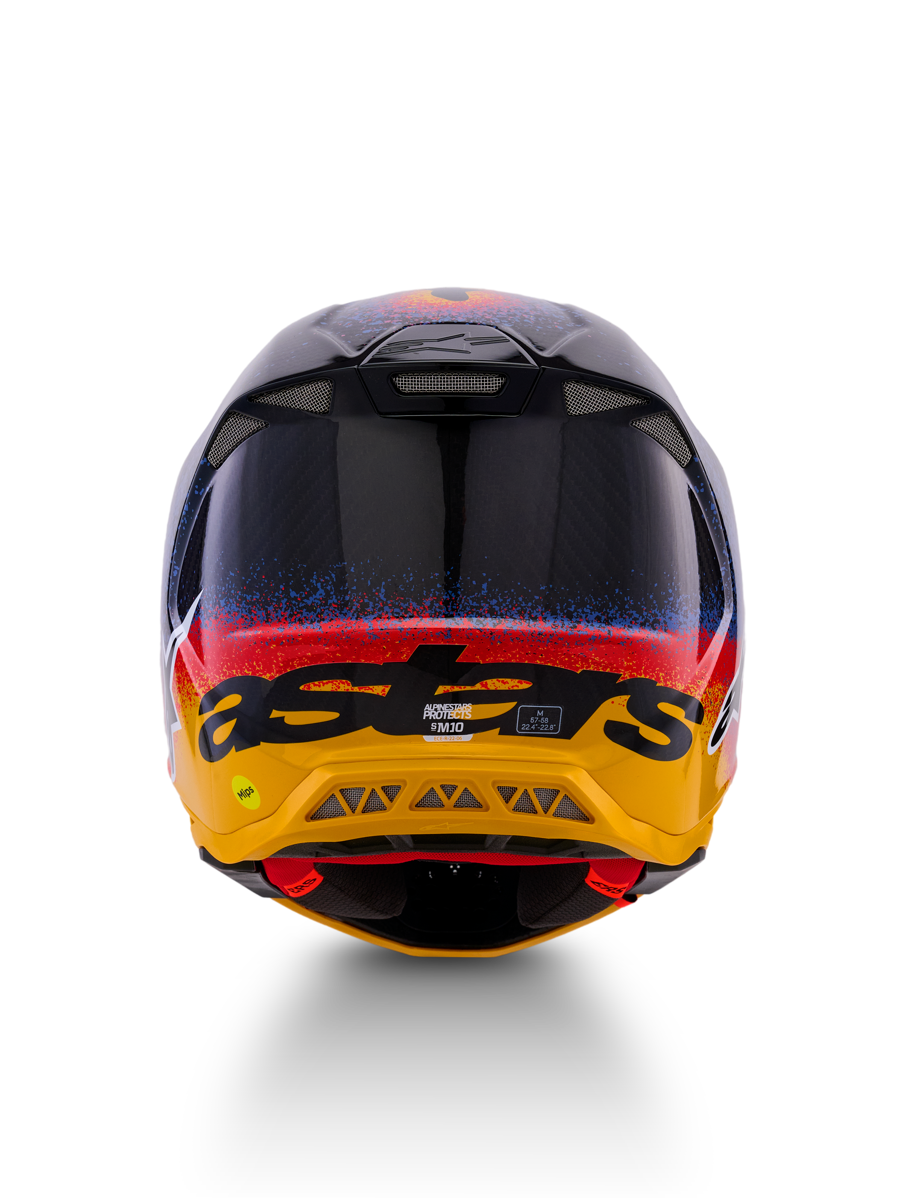 Alpinestars Limited Edition Supertech M10 Black Hole Helm, Motocross-Helm, Rückansicht, glänzendes Black Burst Finish mit blauen und roten Farbspritzern auf leuchtend gelber Basis, schwarzes „astars“-Branding, sichtbare Auslassöffnungen für optimierten Luftstrom.