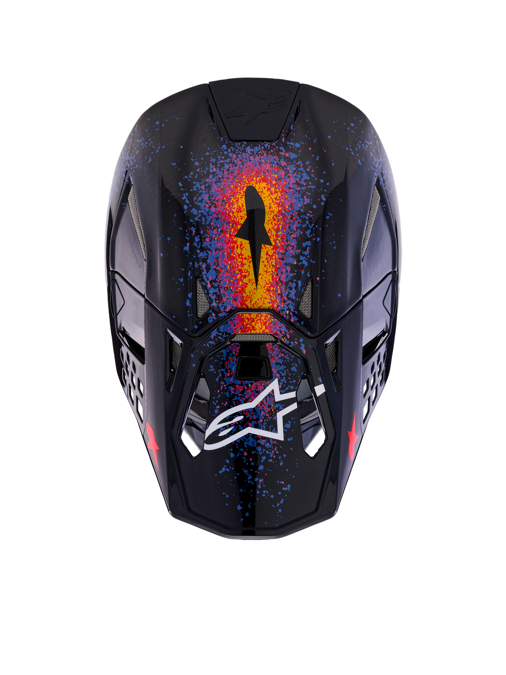 Alpinestars Limited Edition Supertech M10 Black Hole Helm, Motocross-Helm, Black Burst Glossy, Draufsicht mit lebhaften, von Galaxien inspirierten Grafiken in Orange, Rot und Blau, glänzendes Finish mit weißem Alpinestars-Logo auf dem Visier.