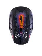 Alpinestars Limited Edition Supertech M10 Black Hole Helm, Motocross-Helm, Black Burst Glossy, Draufsicht mit lebhaften, von Galaxien inspirierten Grafiken in Orange, Rot und Blau, glänzendes Finish mit weißem Alpinestars-Logo auf dem Visier.