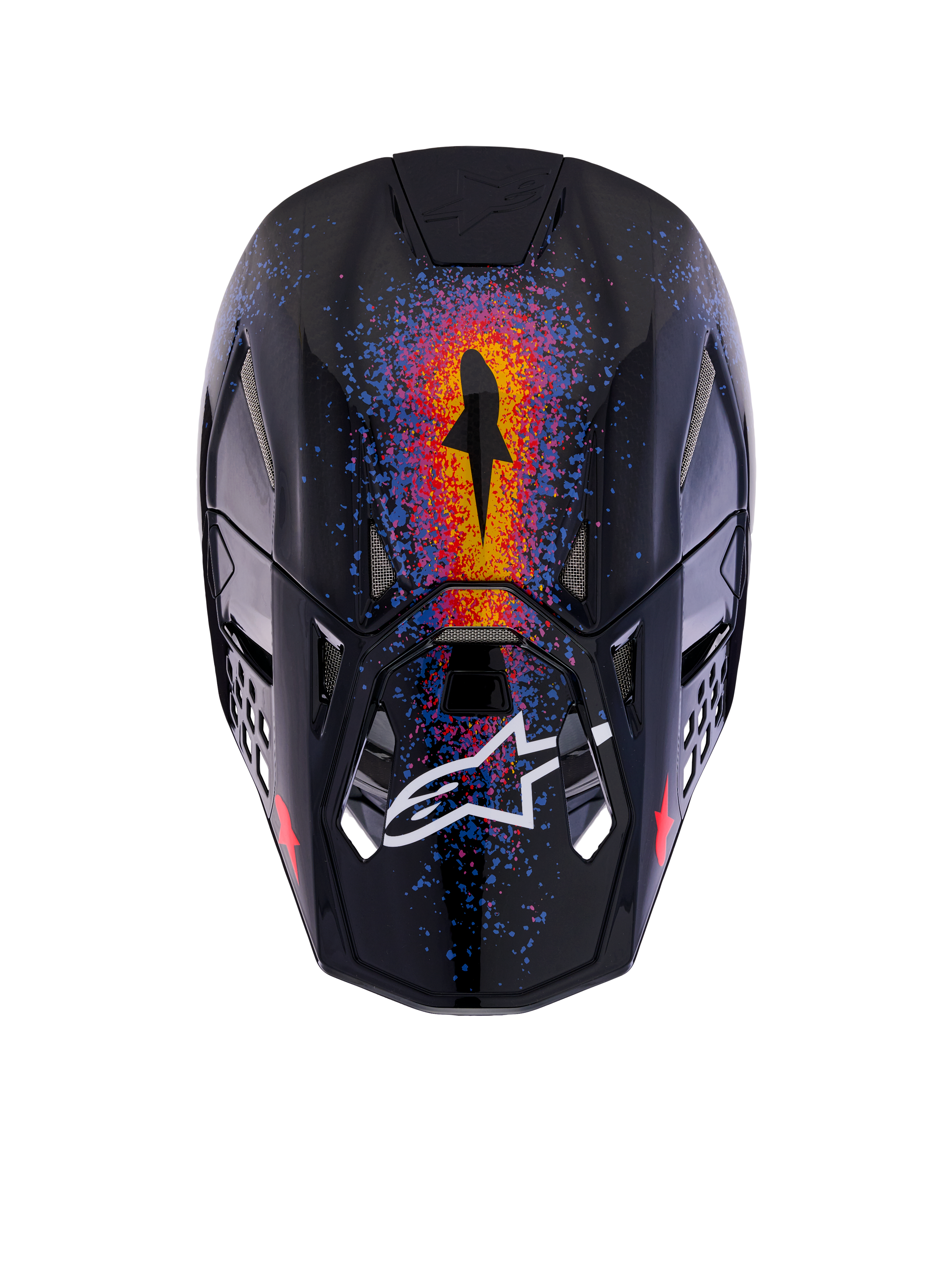 Alpinestars Limited Edition Supertech M10 Black Hole Helm, Motocross-Helm, Black Burst Glossy, Draufsicht mit lebhaften, von Galaxien inspirierten Grafiken in Orange, Rot und Blau, glänzendes Finish mit weißem Alpinestars-Logo auf dem Visier.