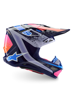 Alpinestars Limited Edition Supertech M10 Records Helm, Motocross-Helm, Mehrfarbig Glänzend, Dunkelblaue Basis mit leuchtend pinkfarbenen, orangefarbenen und hellblauen Records-Grafiken, Seitenprofil mit aerodynamischer Schale, Visier und Belüftungsöffnungen.