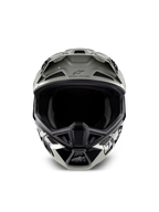 Alpinestars Limited Edition S-M7 Wolf Dust Helm, Motocross-Helm, Dune Black Glänzend mit weißen und schwarzen Grafiken, Vorderansicht mit weitem Sichtbereich und mehreren Belüftungsöffnungen, aerodynamisches Visier mit Alpinestars-Logo und dem Schriftzug „One Goal One Vision“, spezialisierter Kopfschutz für Offroad-Rennen
