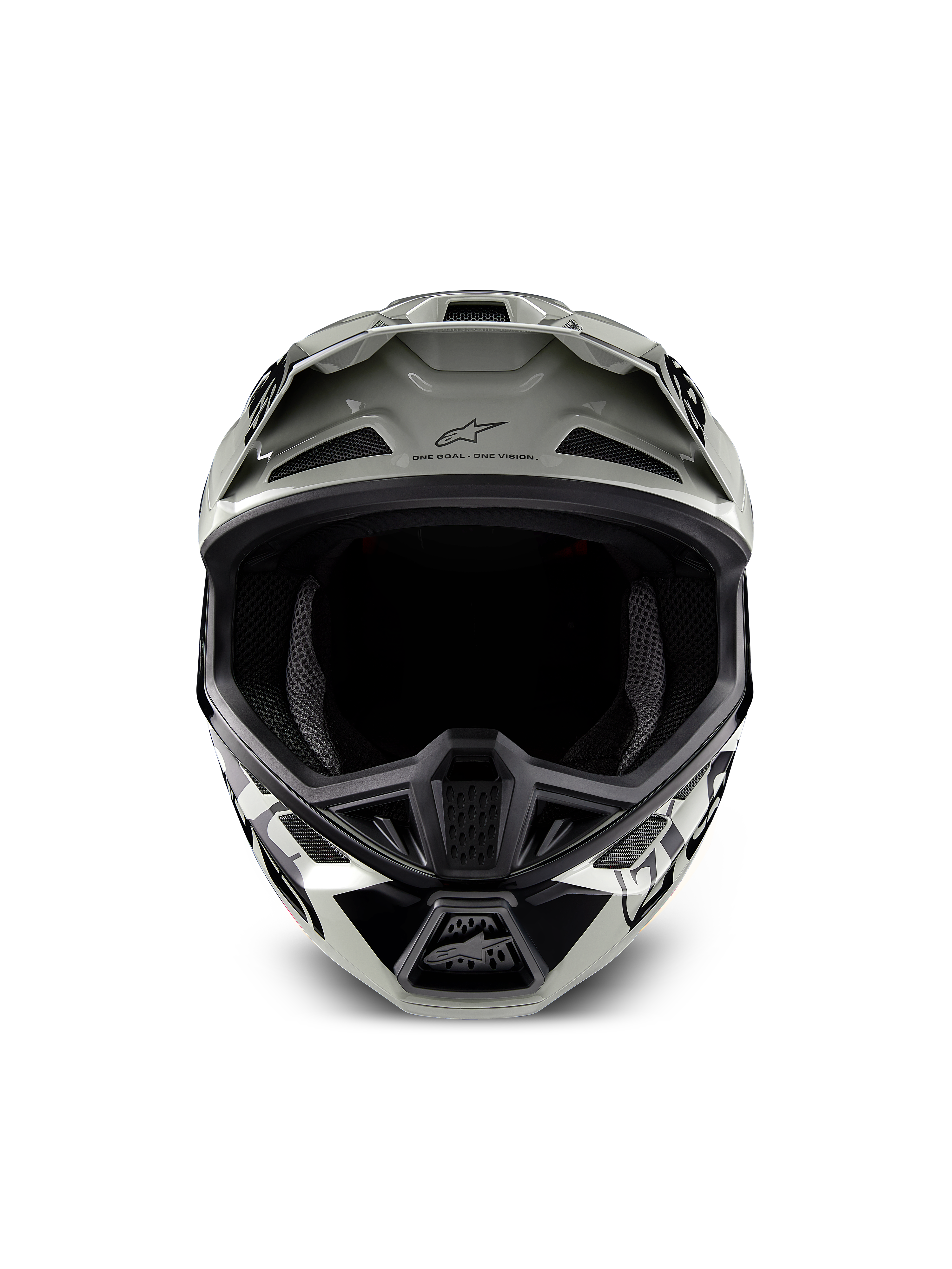 Alpinestars Limited Edition S-M7 Wolf Dust Helm, Motocross-Helm, Dune Black Glänzend mit weißen und schwarzen Grafiken, Vorderansicht mit weitem Sichtbereich und mehreren Belüftungsöffnungen, aerodynamisches Visier mit Alpinestars-Logo und dem Schriftzug „One Goal One Vision“, spezialisierter Kopfschutz für Offroad-Rennen