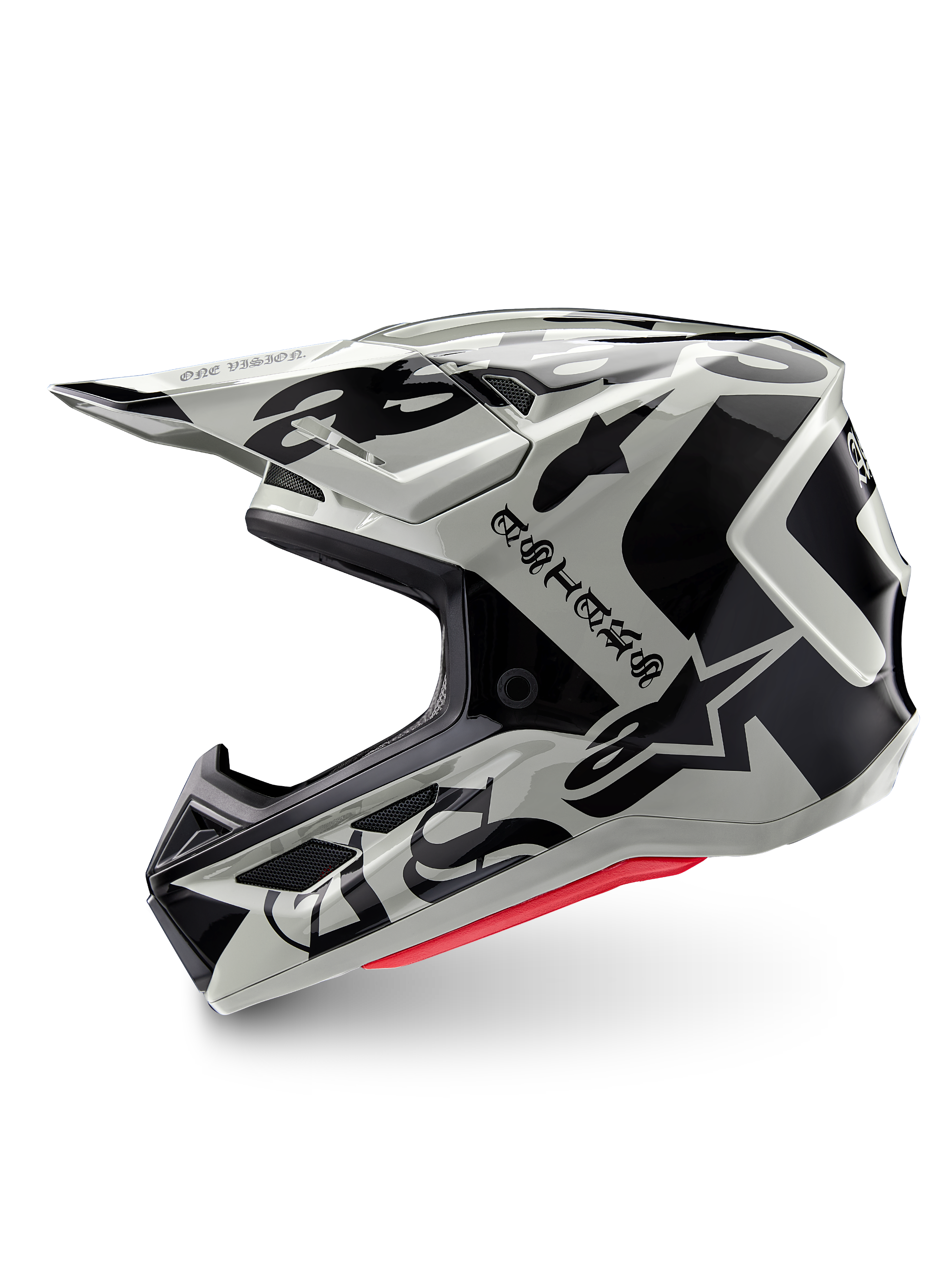 Alpinestars Limited Edition S-M7 Wolf Dust Helm, Motocross-Helm, Dune Black Glossy, off-white Schale mit schwarzem gotischem ASTARS-Branding und grafischen Mustern, rote Innenpolsterung sichtbar, aerodynamisches Profil für den Offroad-Rennsport