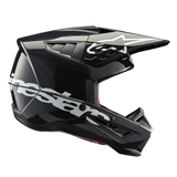 Alpinestars S-M5 Corp Helmet, Motocross Helmet, Dark Gray Glossy finish with bold white Alpinestars branding on the side and star logo on the visor, angular shell design with integrated ventilation ports, protective gear for off-road racing
