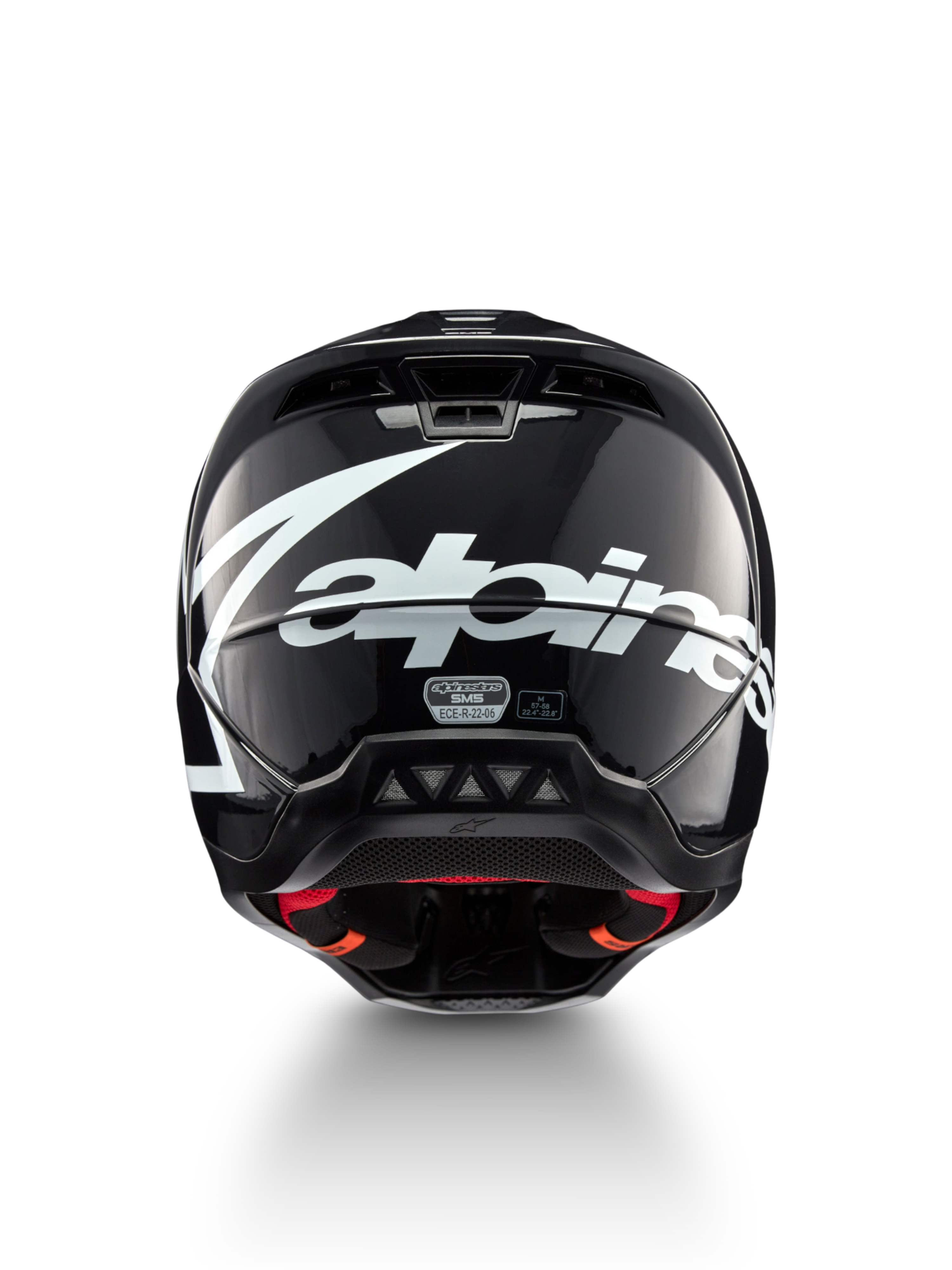 Alpinestars S-M5 Helm Corp, Motocross-Helm, Dunkelgrau glänzend, ECE 22.06, Rückansicht mit weißem Logo, Größe M.