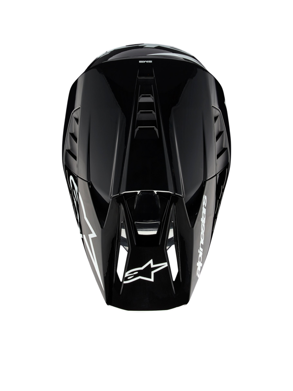 Alpinestars S-M5 Corp Motocrosshelm, Dunkelgrau glänzend, ECE 22.06 zertifiziert, Draufsicht mit oberer Belüftung.