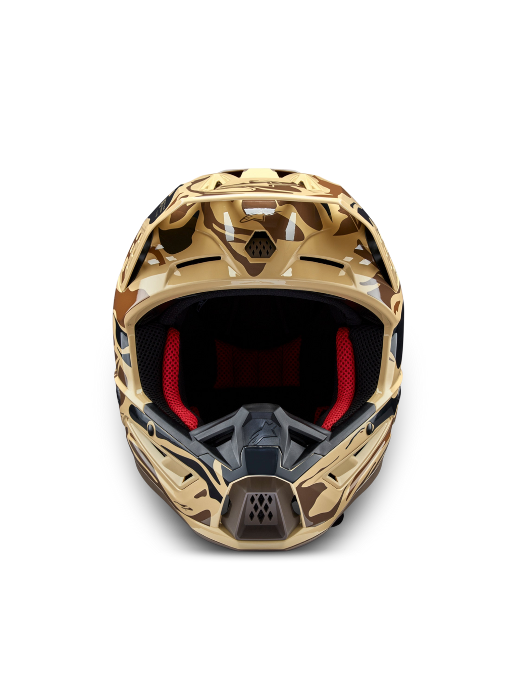 Alpinestars S-M5 Helm Mineral, Motocross-Helm, Braun Camo, ECE 22.06-zertifiziert, Frontansicht mit roter Innenpolsterung.