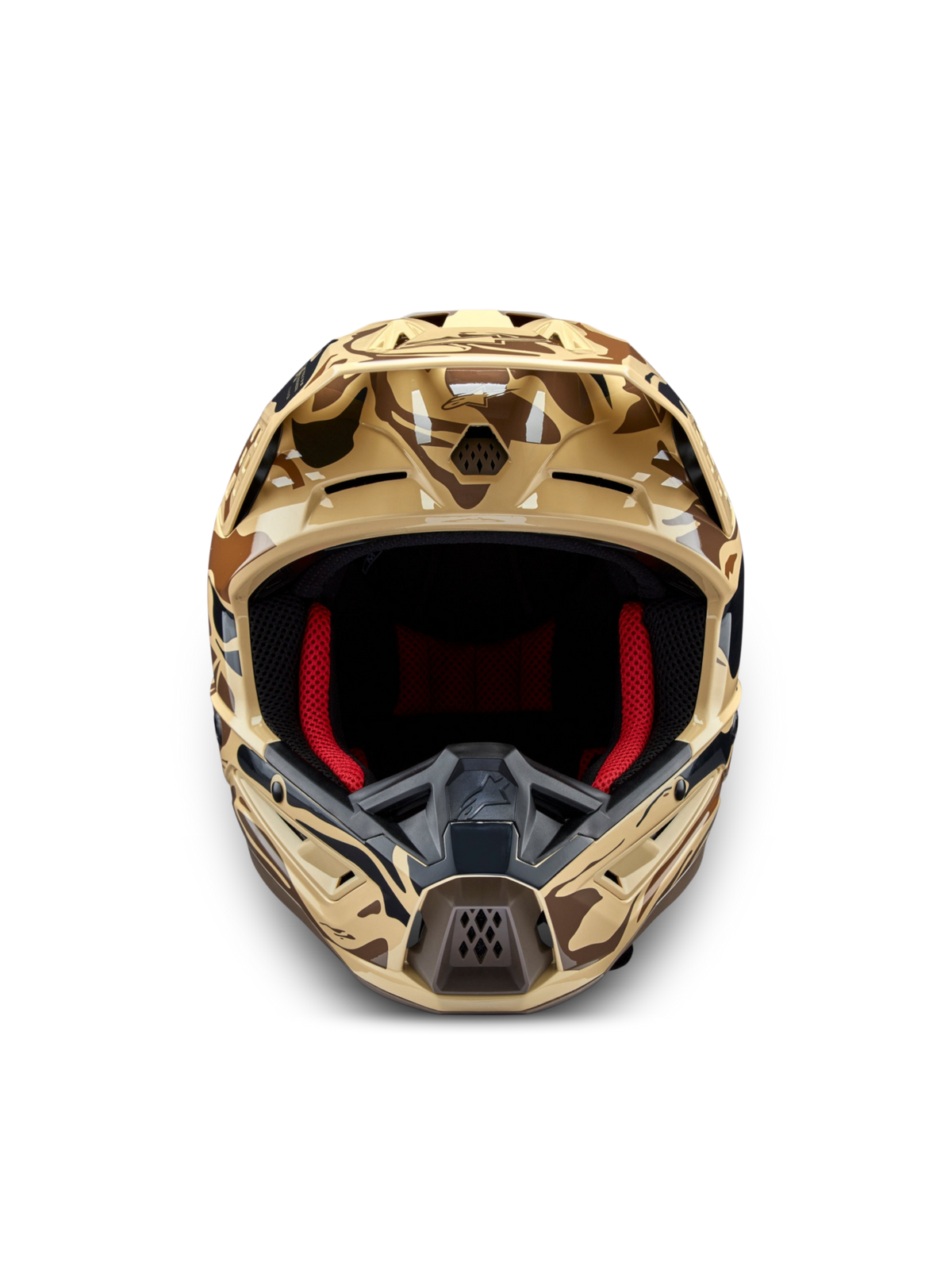 Alpinestars S-M5 Helm Mineral, Motocross-Helm, Braun Camo, ECE 22.06-zertifiziert, Frontansicht mit roter Innenpolsterung.