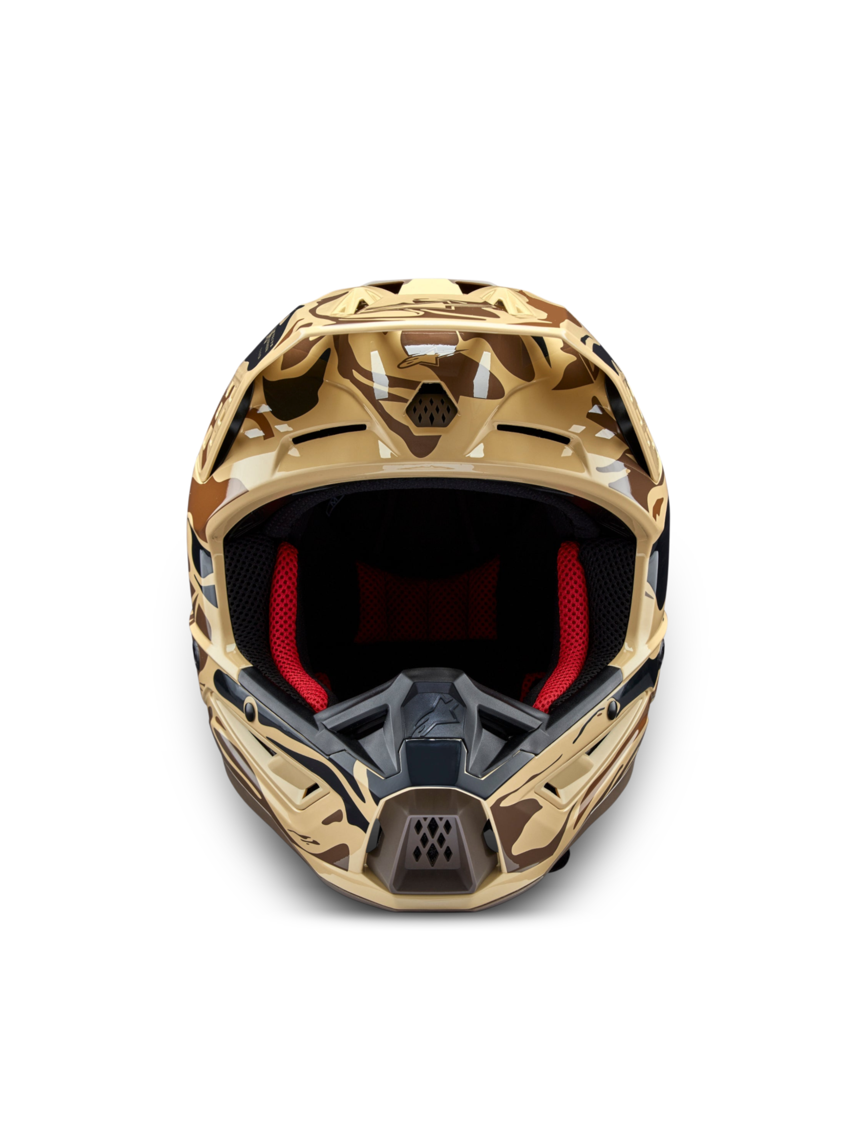 Alpinestars S-M5 Helm Mineral, Motocross-Helm, Braun Camo, ECE 22.06-zertifiziert, Frontansicht mit roter Innenpolsterung.