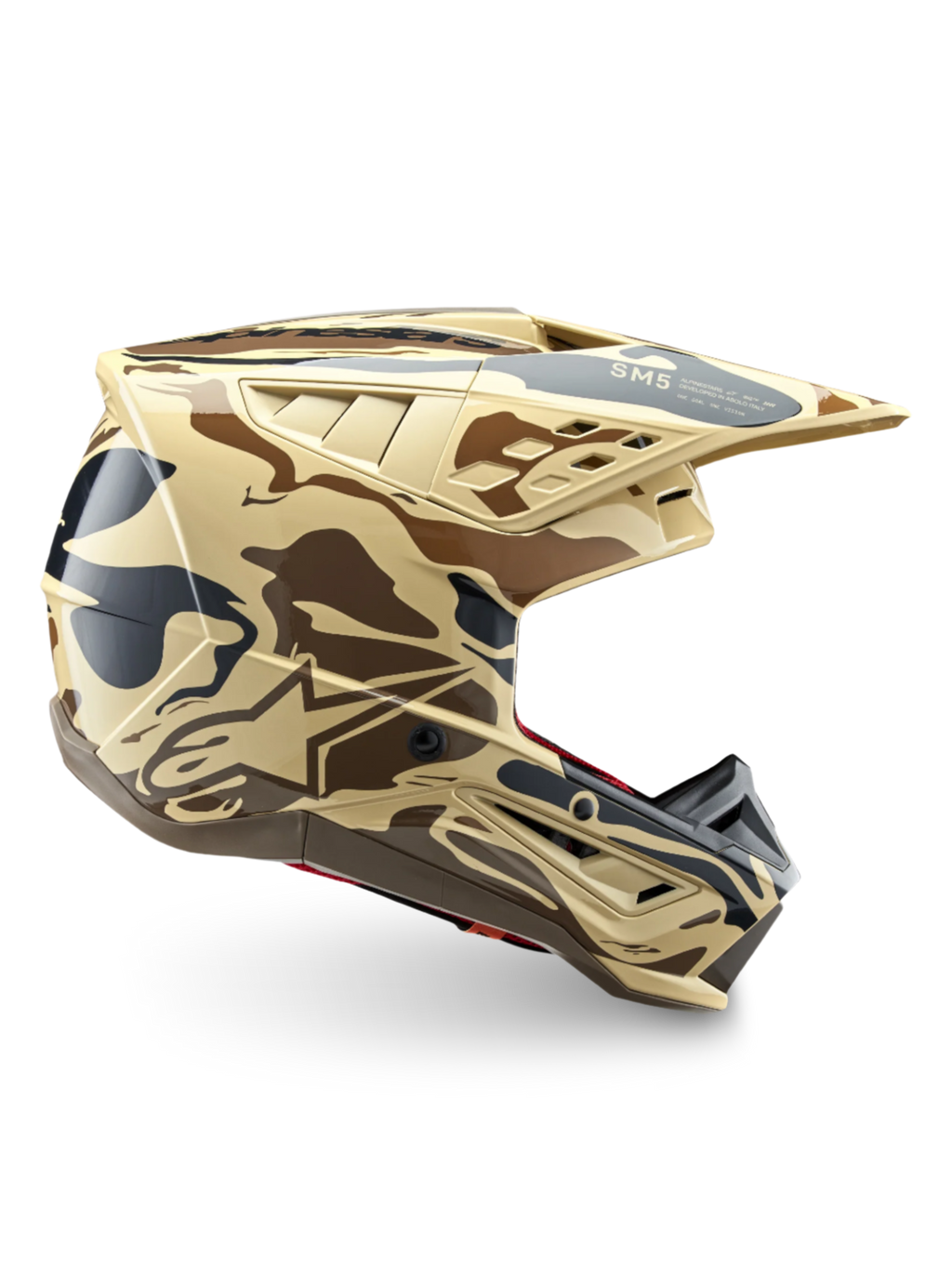 Alpinestars S-M5 Helm Mineral, Motocrosshelm mit Braun-Beige-Tarnmuster, ECE 22.06 zertifizierter Offroad-Kopfschutz.