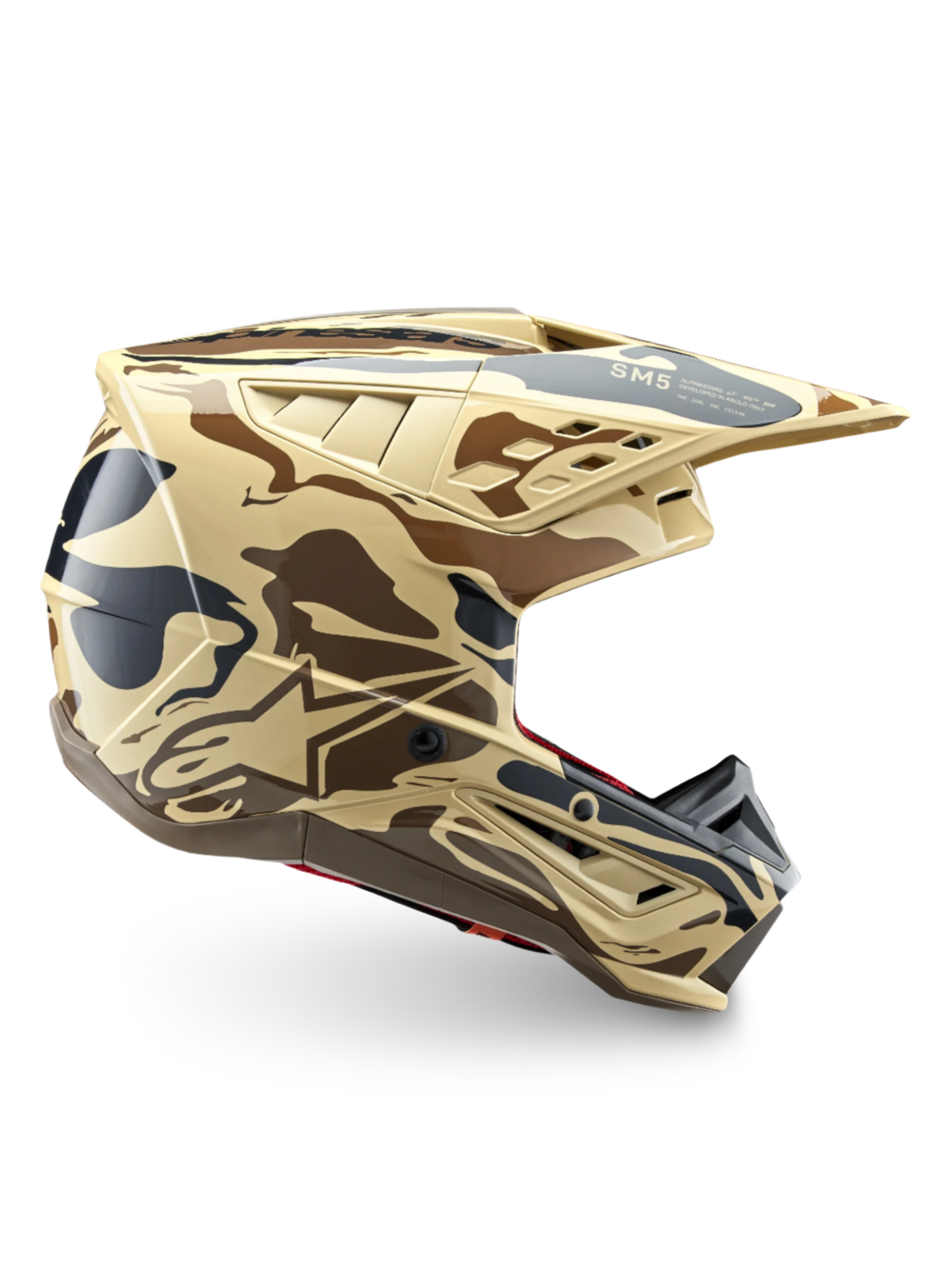Alpinestars S-M5 Helm Mineral, Motocrosshelm mit Braun-Beige-Tarnmuster, ECE 22.06 zertifizierter Offroad-Kopfschutz.