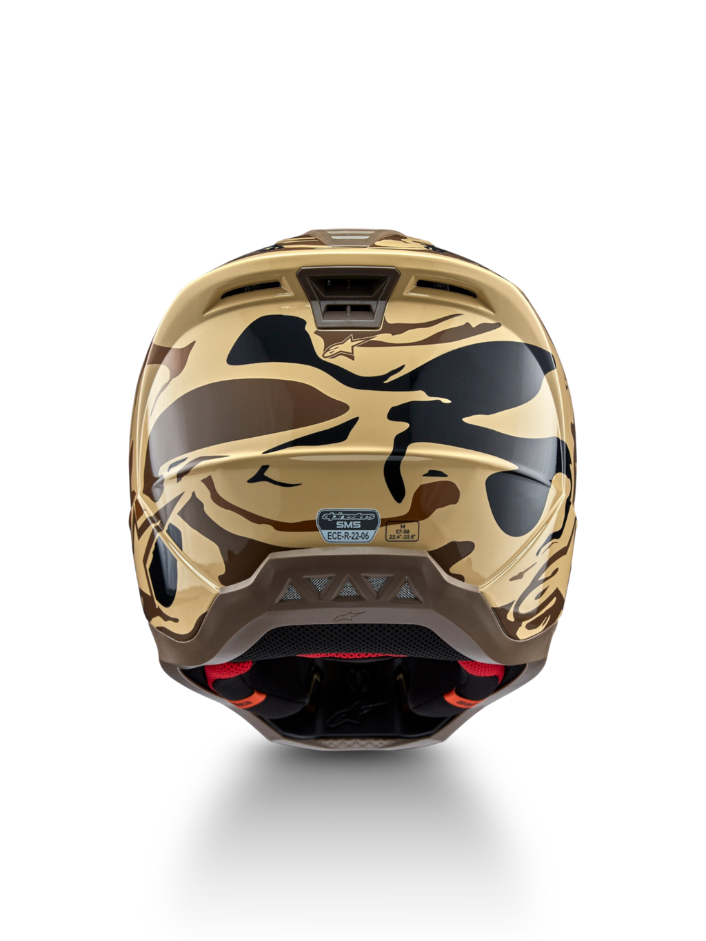 Alpinestars S-M5 Helm Mineral, Motocross-Helm in Rückansicht, Dunkelbraun und Schwarz Camo, ECE 22.06 zertifizierter Schutz.