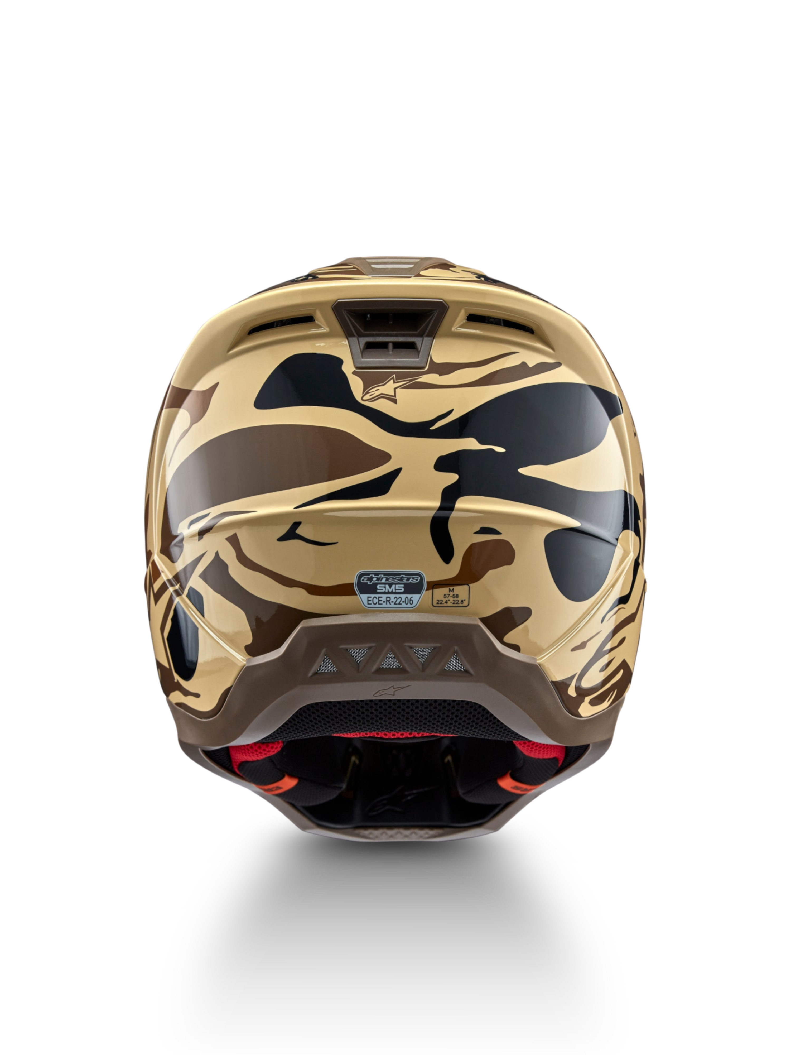 Alpinestars S-M5 Helm Mineral, Motocross-Helm in Rückansicht, Dunkelbraun und Schwarz Camo, ECE 22.06 zertifizierter Schutz.