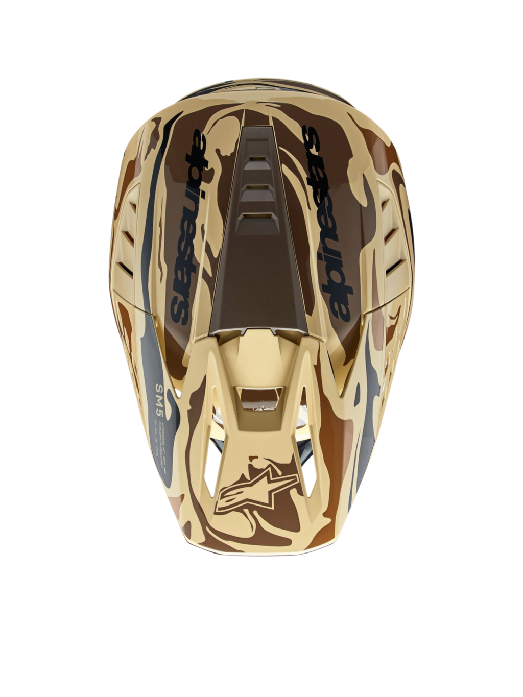 Alpinestars S-M5 Mineral Helm, ECE 22.06 Motocross-Helm, Dunkelbraun Känguru Matt Camouflage, Draufsicht mit Belüftungsöffnungen und Logo.
