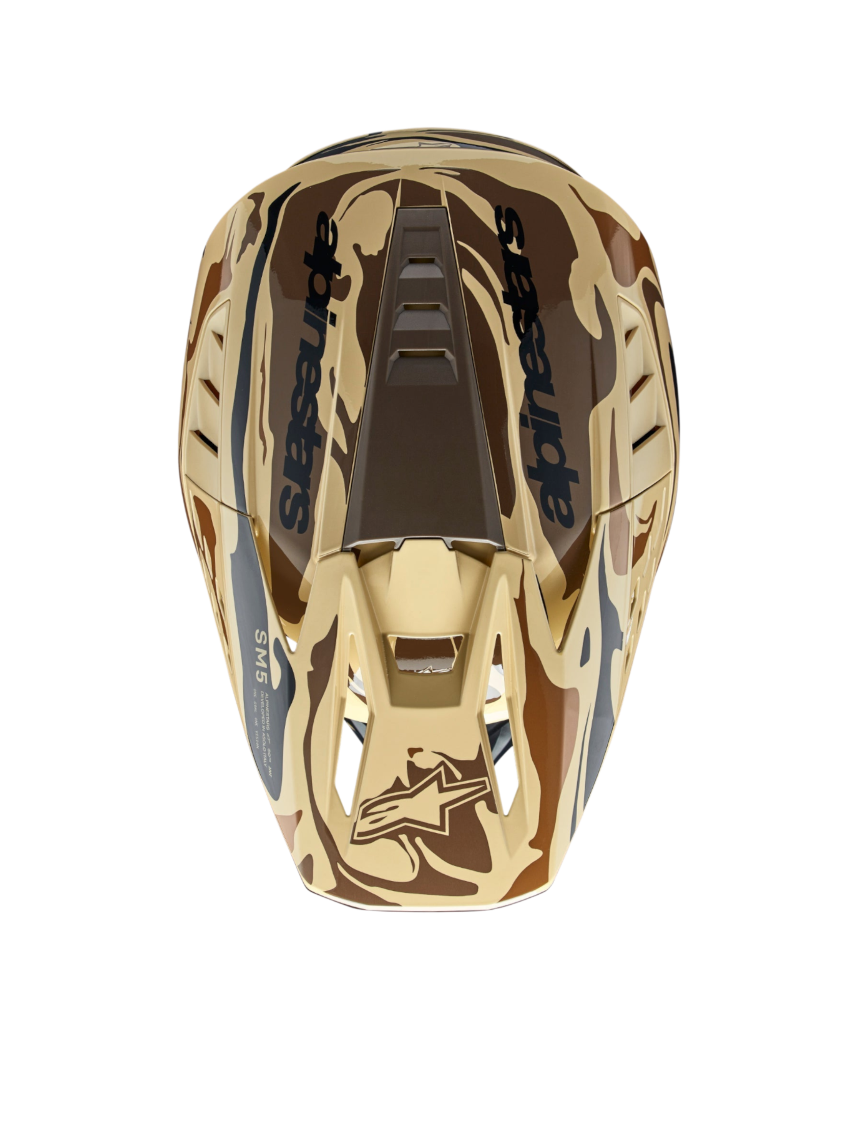 Alpinestars S-M5 Mineral Helm, ECE 22.06 Motocross-Helm, Dunkelbraun Känguru Matt Camouflage, Draufsicht mit Belüftungsöffnungen und Logo.