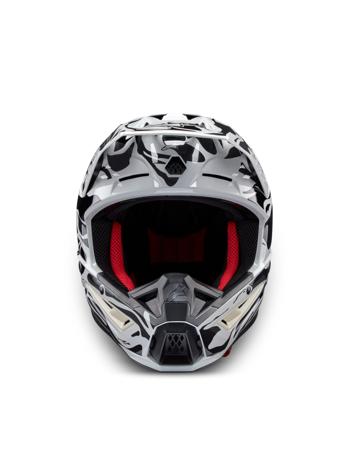 Alpinestars S-M5 Mineral Helm, Motocross-Helm in Grau und Schwarz, ECE 22.06 zertifiziert mit rotem Innenfutter.