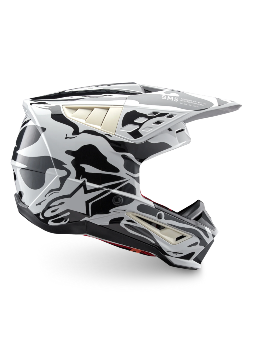Alpinestars S-M5 Mineral Helm, Motocross-Helm in Grau und Dunkelgrau, ECE 22.06-zertifiziert mit Camouflage-Grafik.