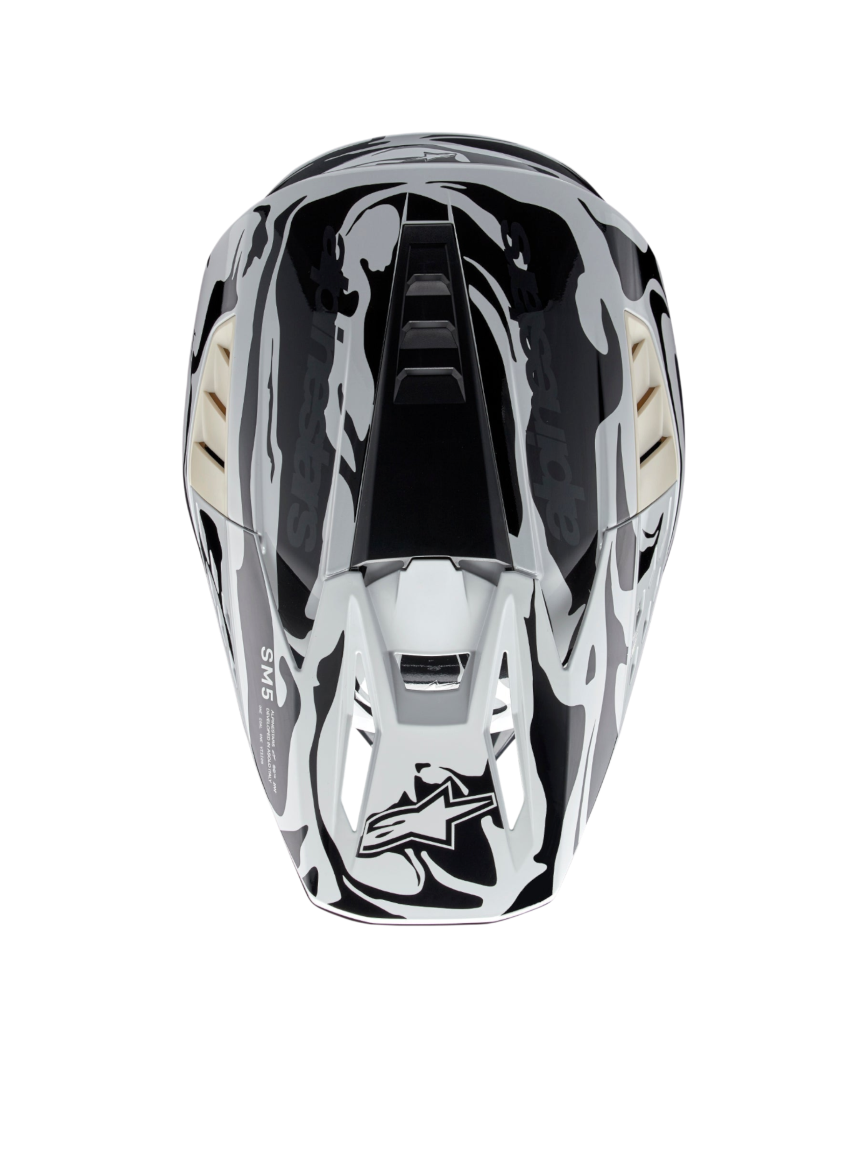 Alpinestars S-M5 Mineral Helm, glänzender ECE-zertifizierter Motocross-Helm in Cool Gray und Dunkelgrau, Draufsicht.