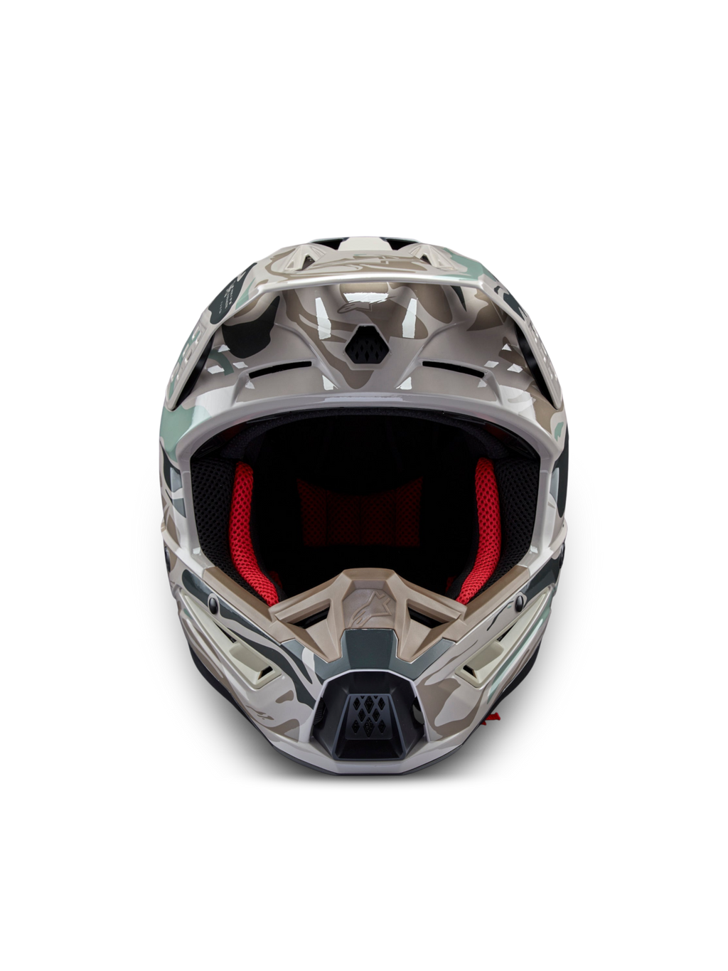 Alpinestars S-M5 Mineral Motocross-Helm, Warmes Grau und Celadon-Grün, glänzendes Camouflage-Design, ECE 22.06 zertifiziert.