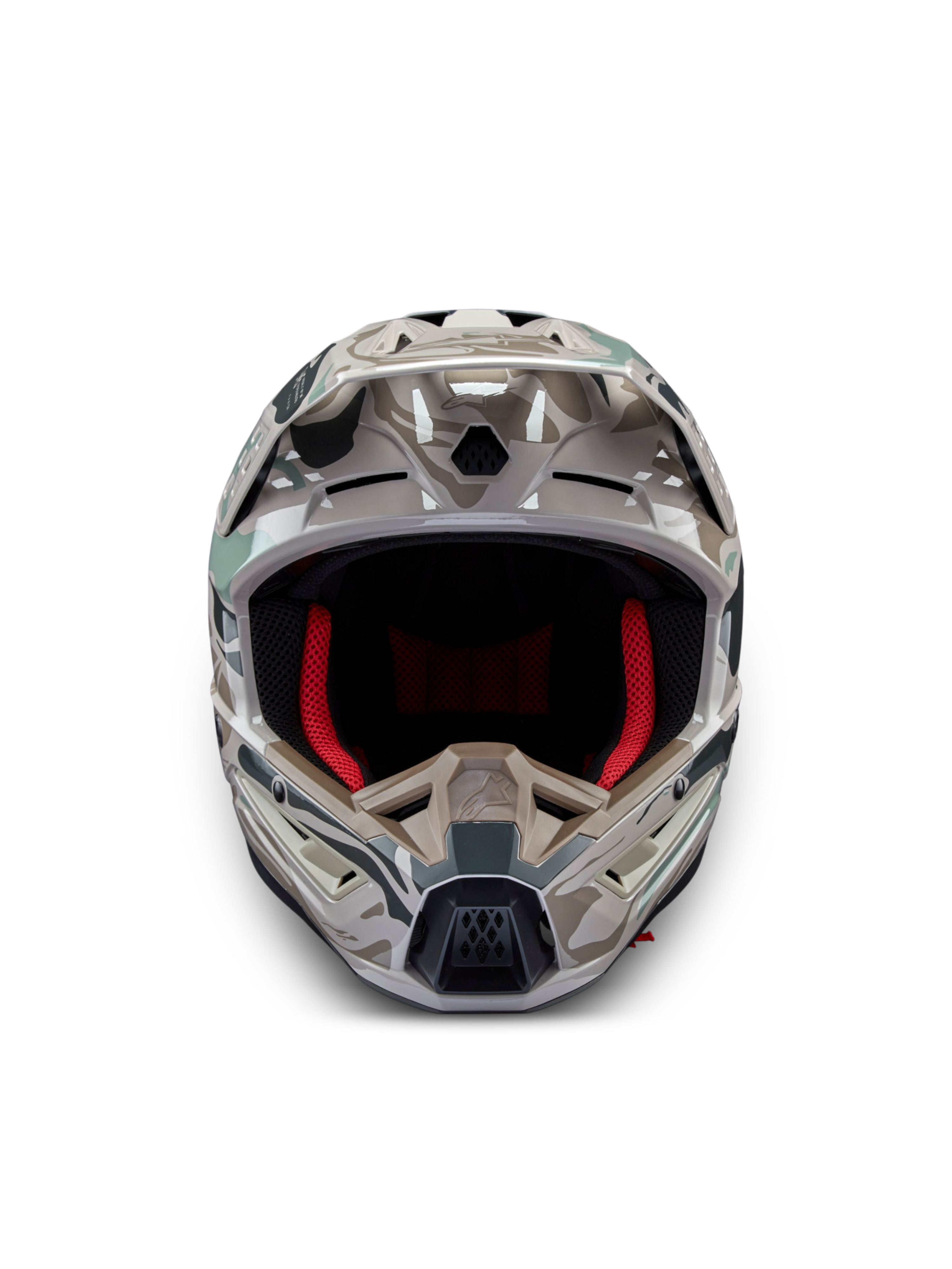 Alpinestars S-M5 Mineral Motocross-Helm, Warmes Grau und Celadon-Grün, glänzendes Camouflage-Design, ECE 22.06 zertifiziert.