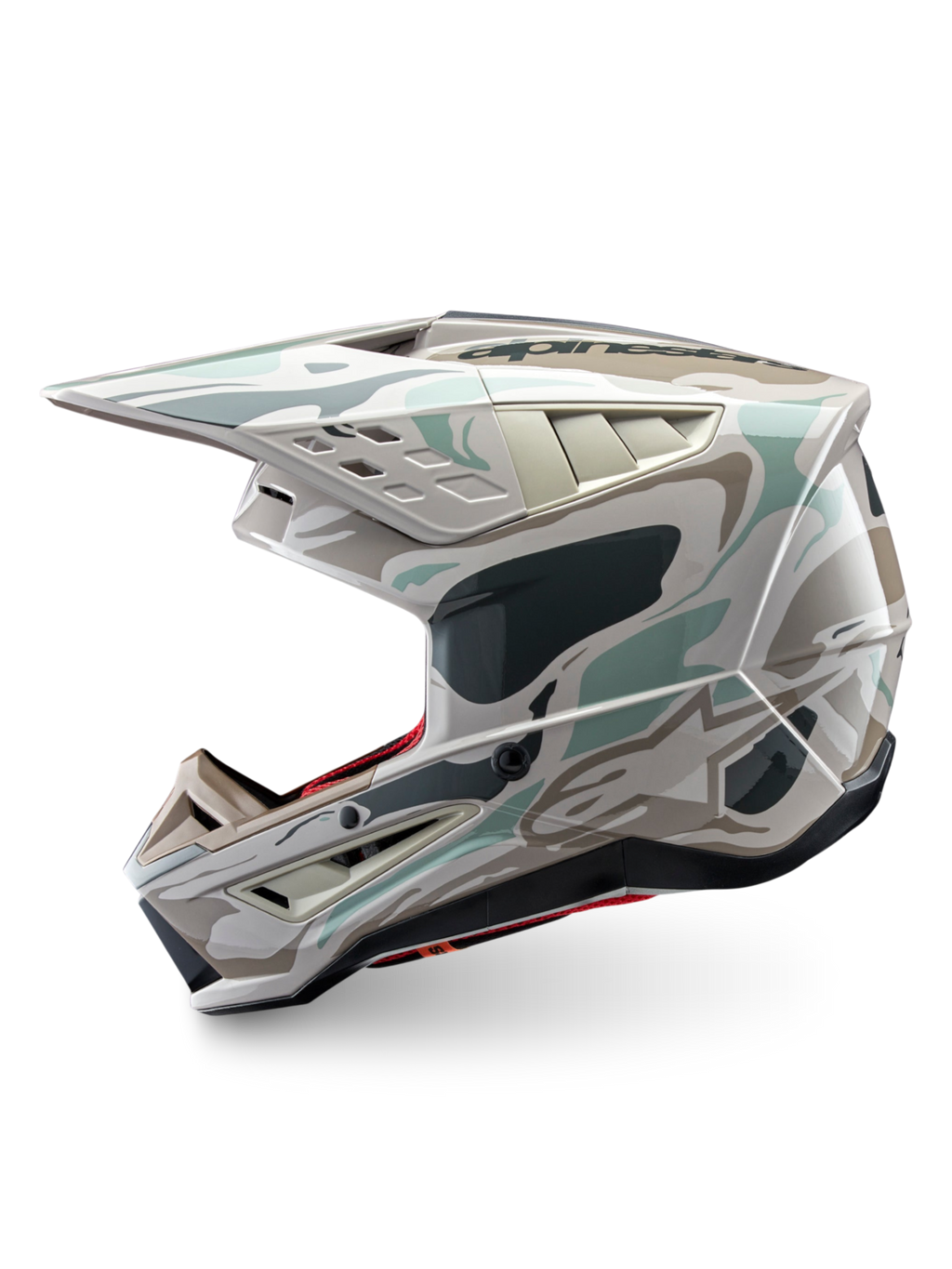 Alpinestars S-M5 Mineral Helm, glänzender Motocross-Helm mit Camo-Grafik in Grau und Grün, ECE 22.06-zertifiziert.