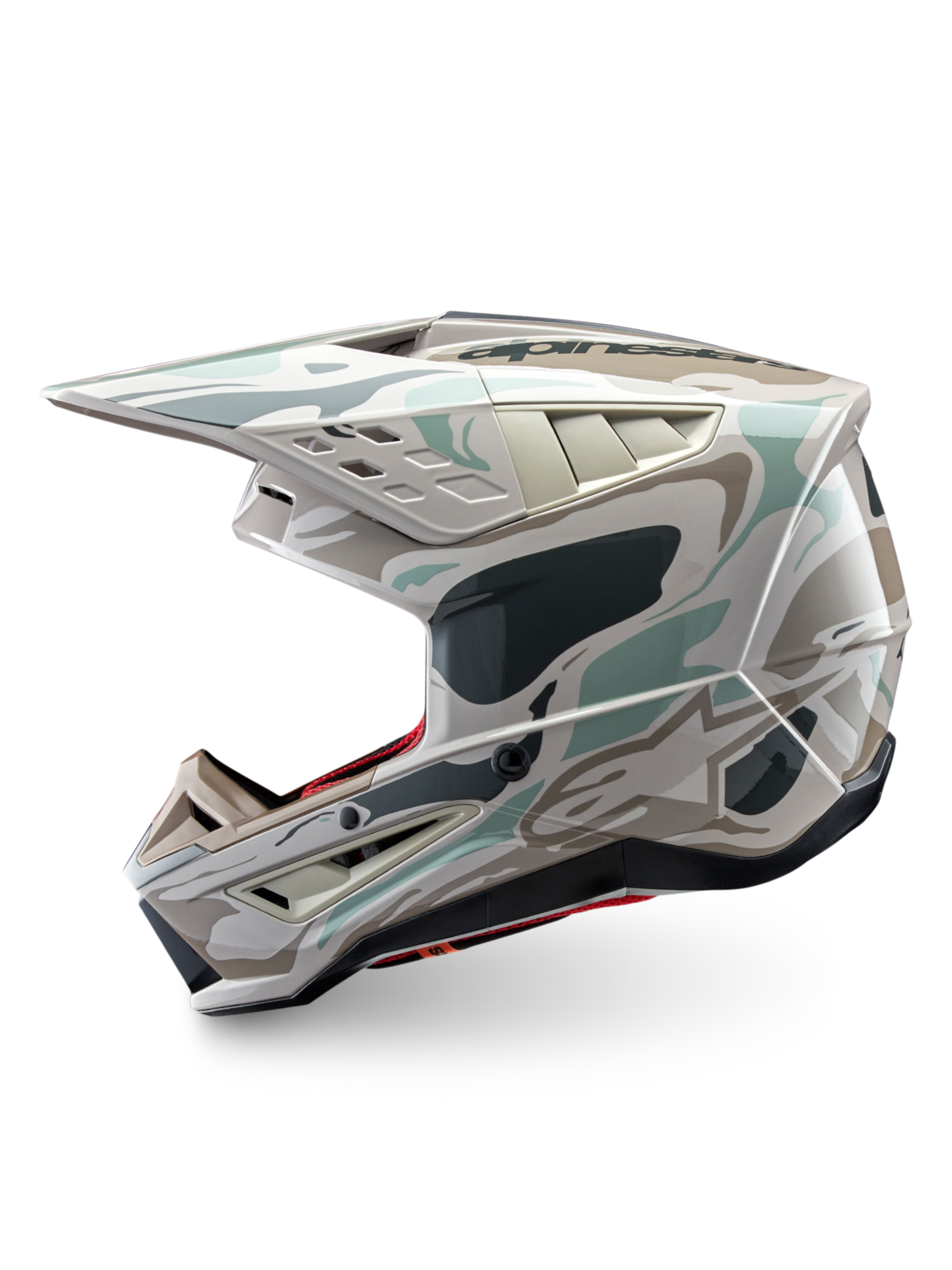 Alpinestars S-M5 Mineral Helm, glänzender Motocross-Helm mit Camo-Grafik in Grau und Grün, ECE 22.06-zertifiziert.