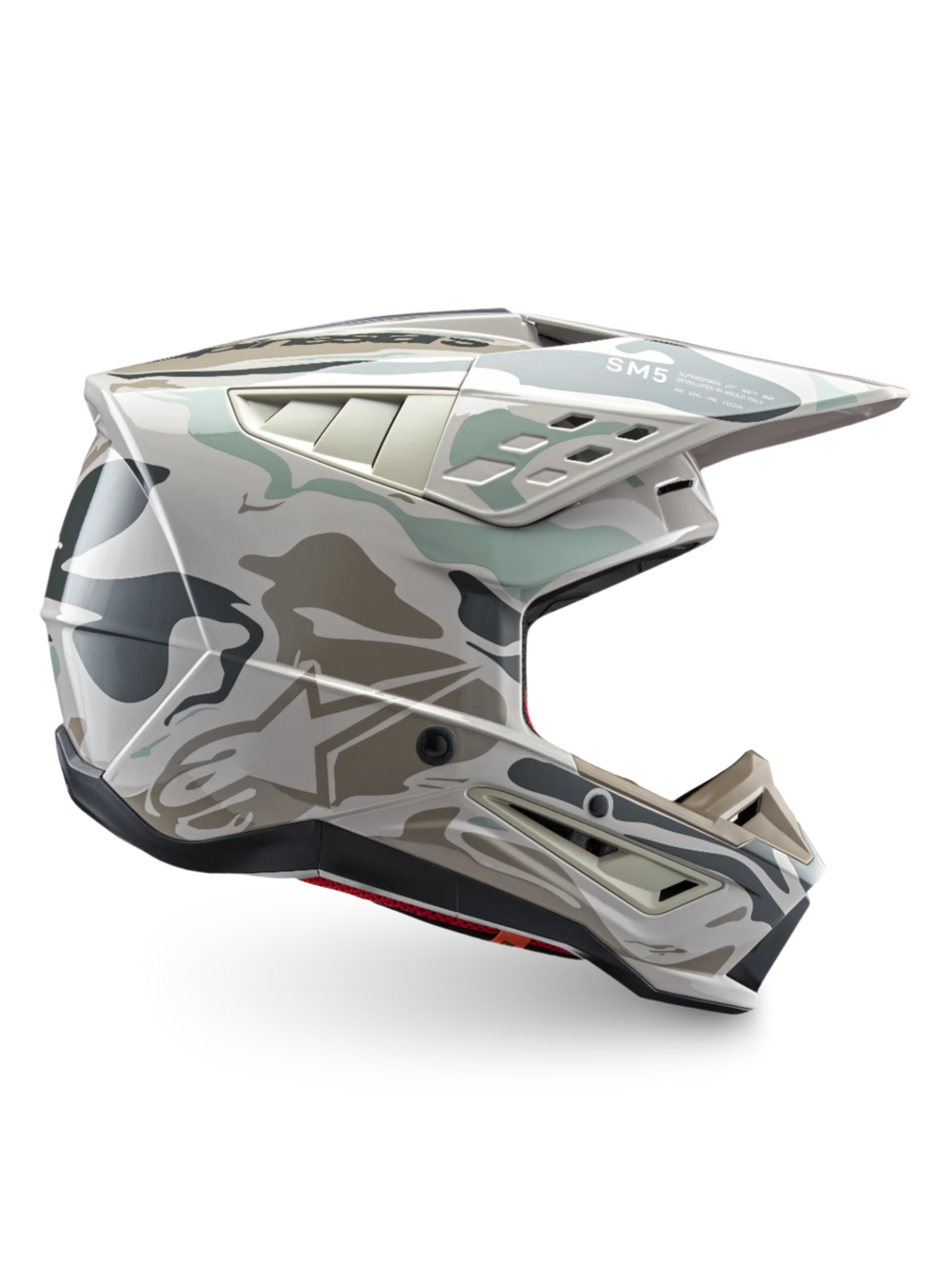 Alpinestars S-M5 Mineral Motocross Helm in Warmem Grau und Celadon Grün, ECE 22.06-zertifizierter Offroad-Schutz mit technischem Belüftungssystem.