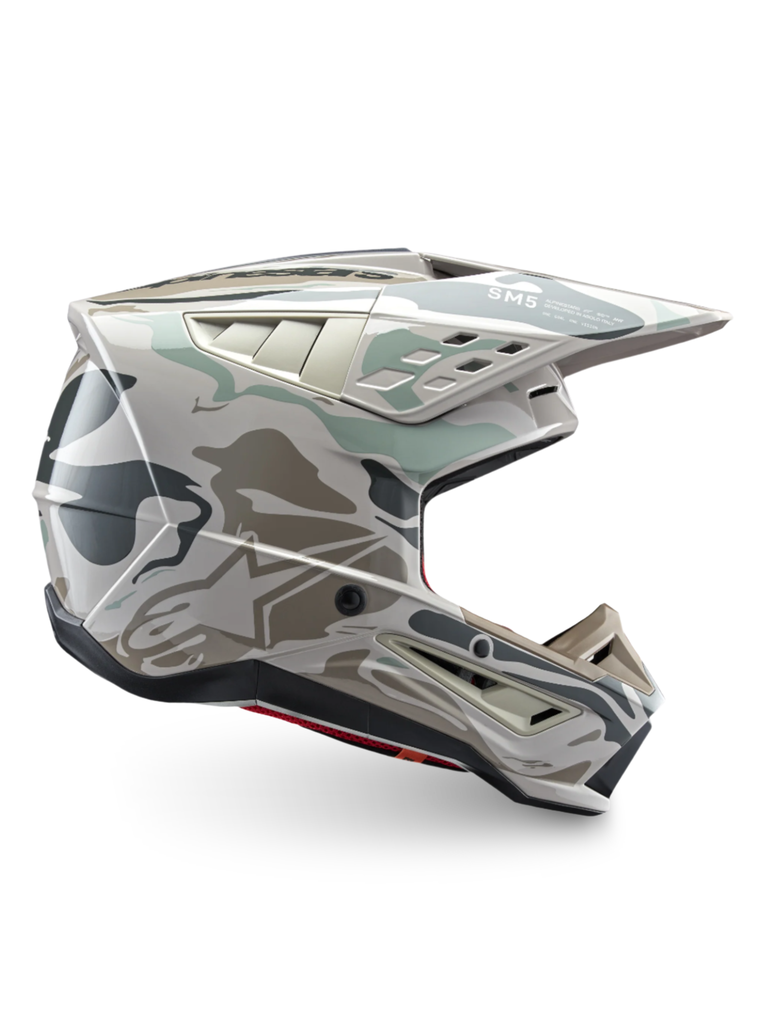 Alpinestars S-M5 Mineral Motocross Helm in Warmem Grau und Celadon Grün, ECE 22.06-zertifizierter Offroad-Schutz mit technischem Belüftungssystem.