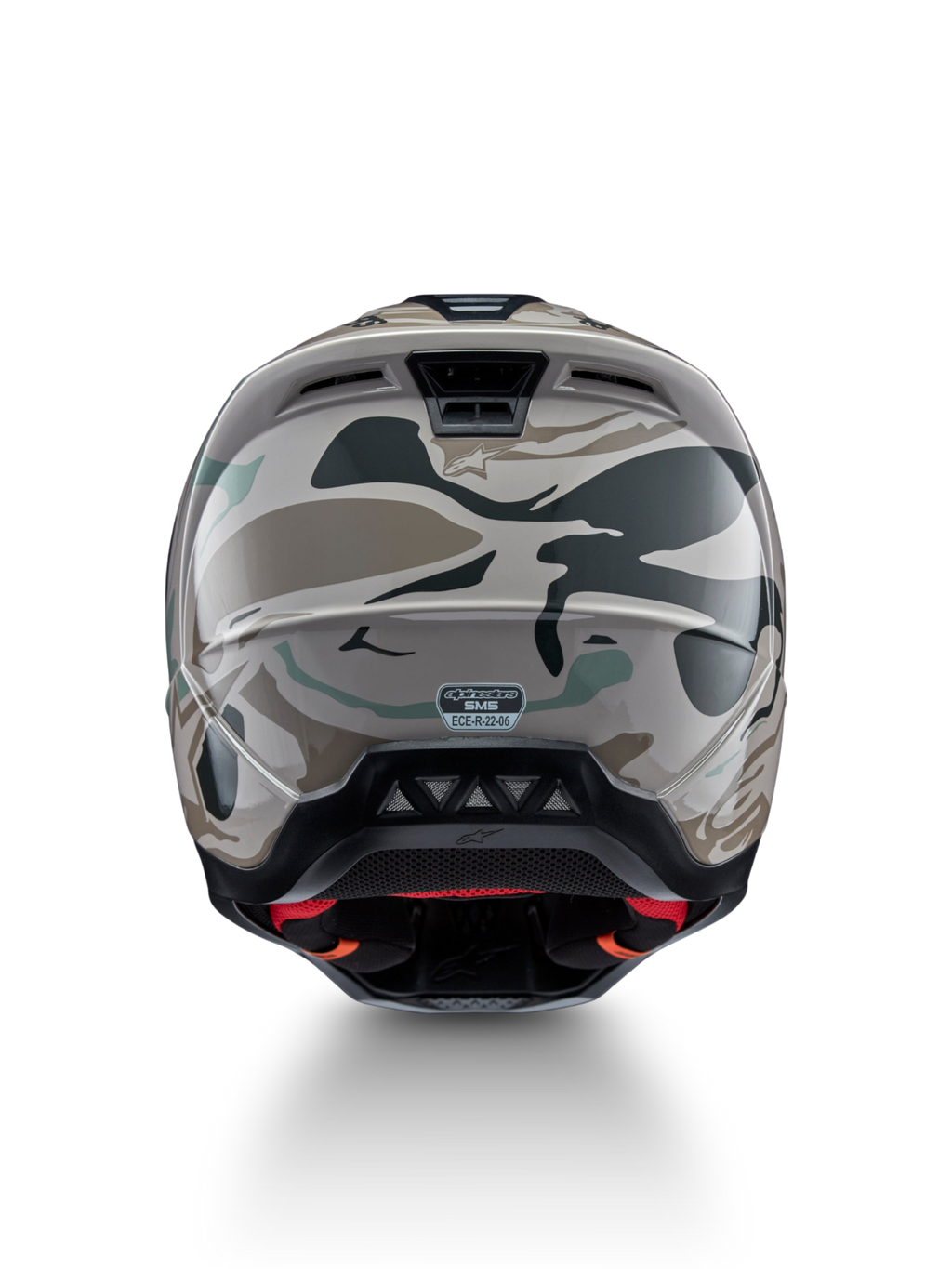 Alpinestars S-M5 Mineral Helm, Motocross-Helm, Rückansicht, Grau und Celadon Grün Camouflage, ECE 22.06-zertifiziert.