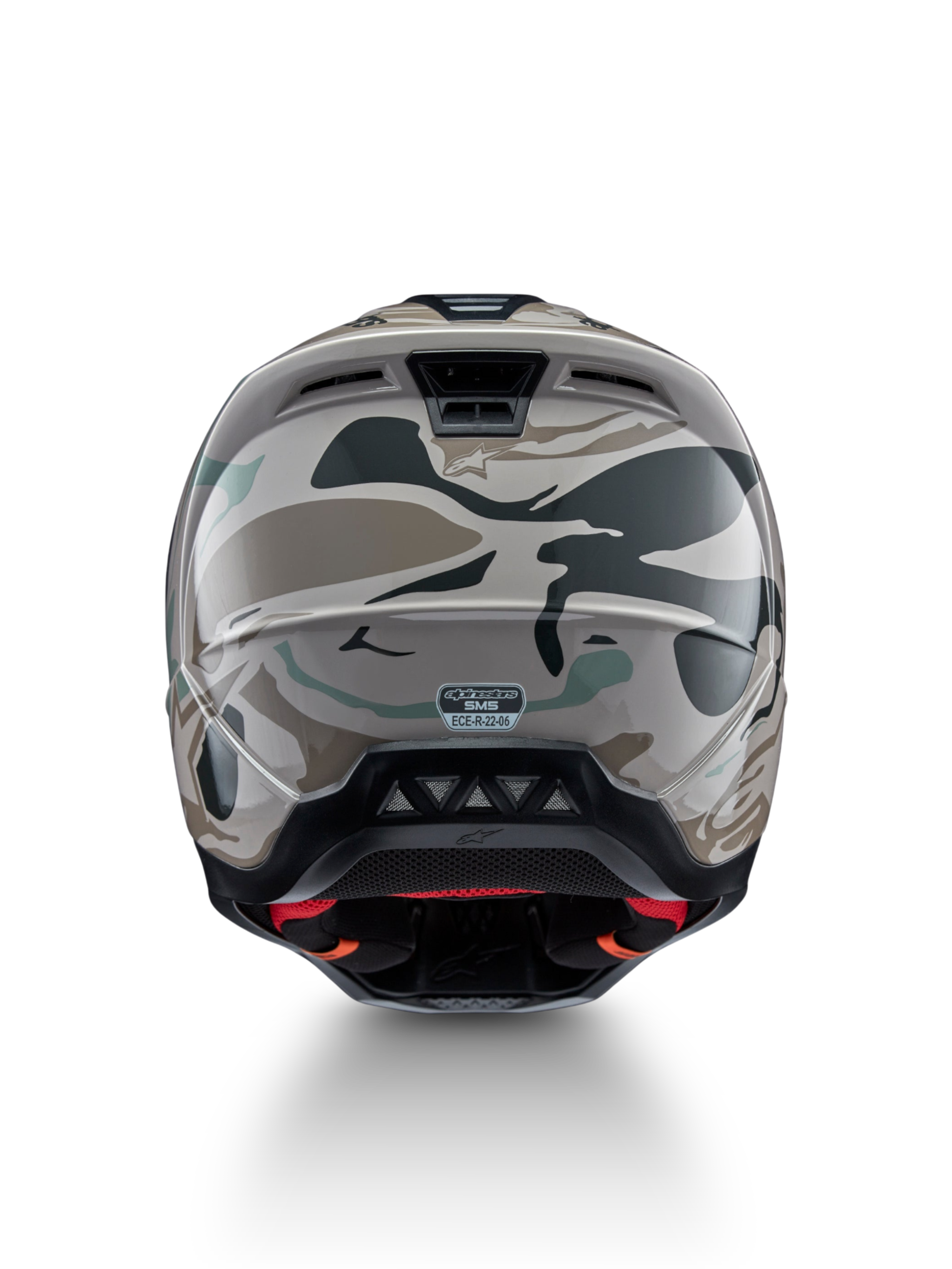 Alpinestars S-M5 Mineral Helm, Motocross-Helm, Rückansicht, Grau und Celadon Grün Camouflage, ECE 22.06-zertifiziert.