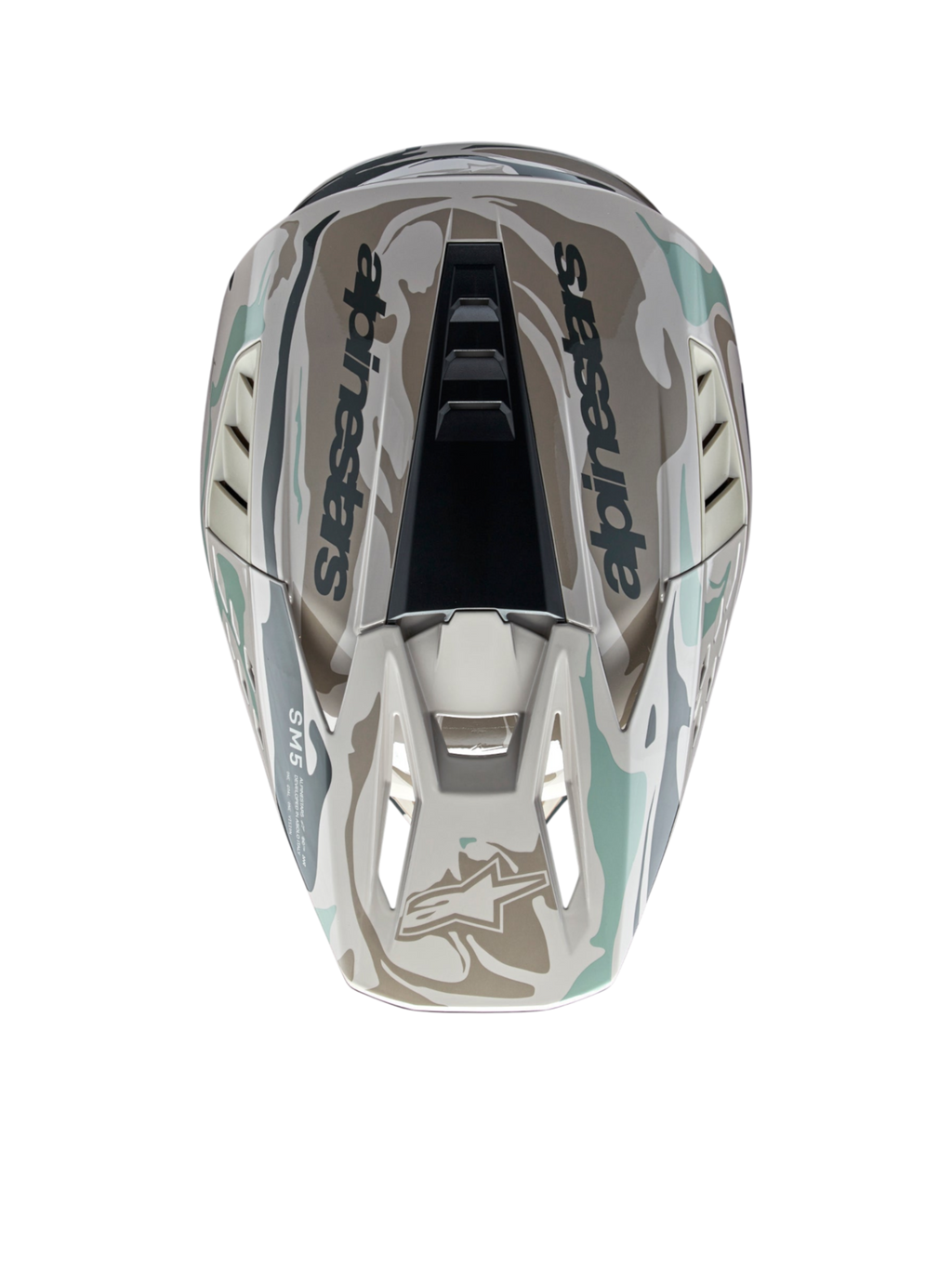 Alpinestars S-M5 Mineral Helm, Motocross-Helm in Grau und Celadon Grün, Draufsicht mit glänzendem Camouflage-Muster, ECE 22.06 zertifiziert