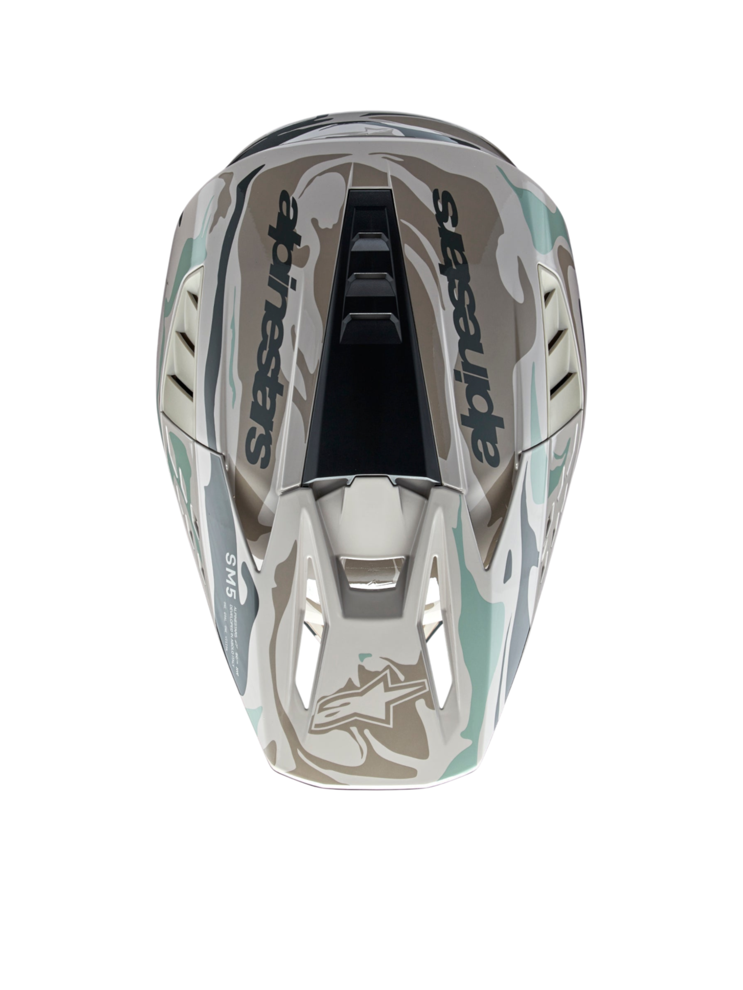 Alpinestars S-M5 Mineral Helm, Motocross-Helm in Grau und Celadon Grün, Draufsicht mit glänzendem Camouflage-Muster, ECE 22.06 zertifiziert